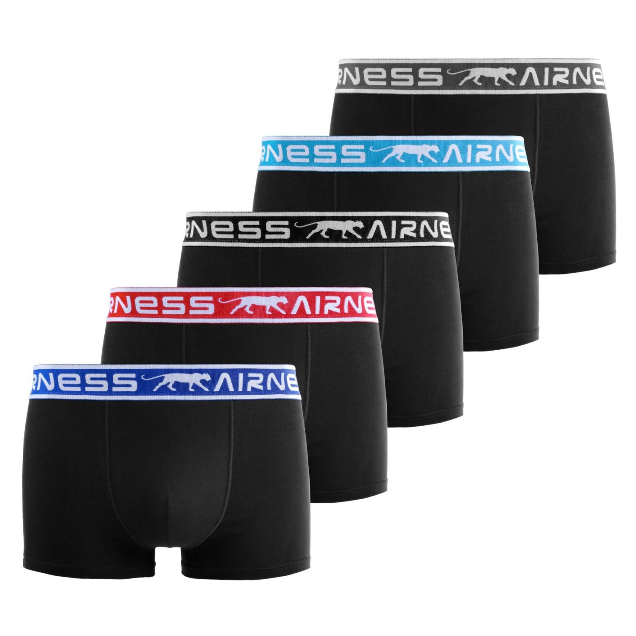 Airness Lot de 5 boxers homme en coton ceinture colorée starter. Coloris disponibles : Noir