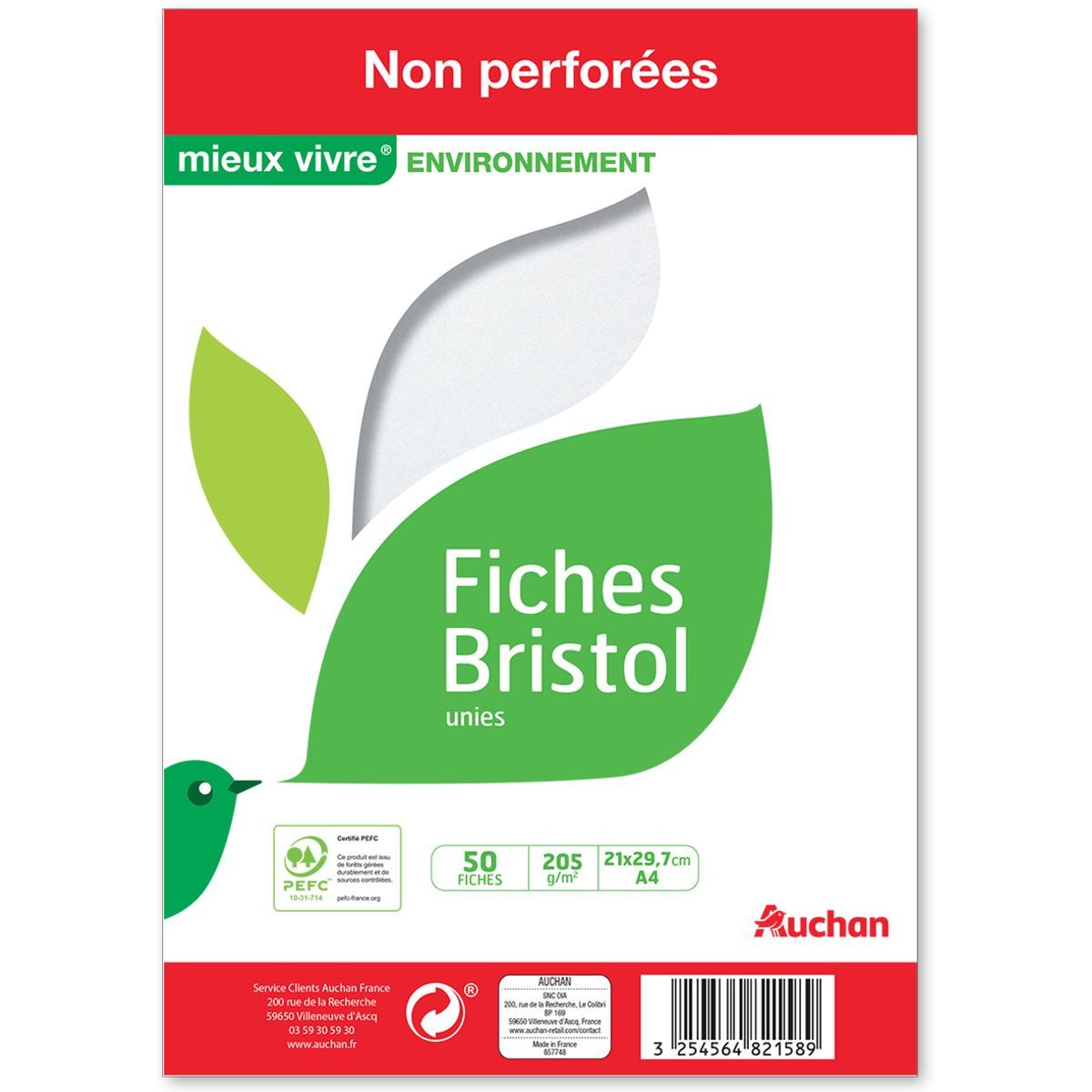 AUCHAN Lot de 50 fiches Bristol unies non perforées A4 205g