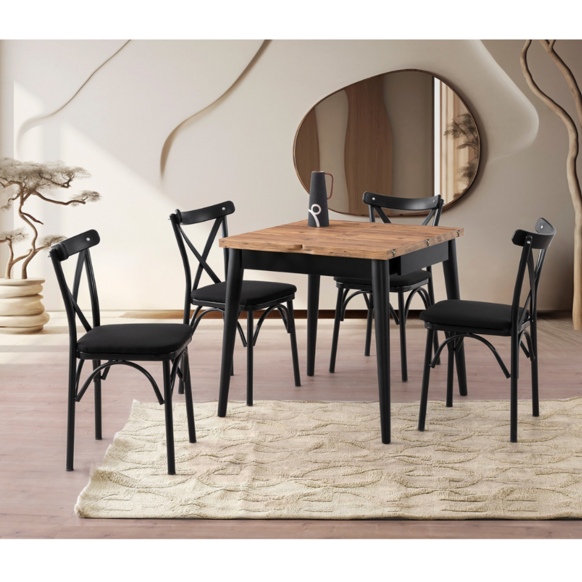 CONCEPT USINE Table à manger extensible 4 personnes style industriel bois et noir 80 cm PALLINI