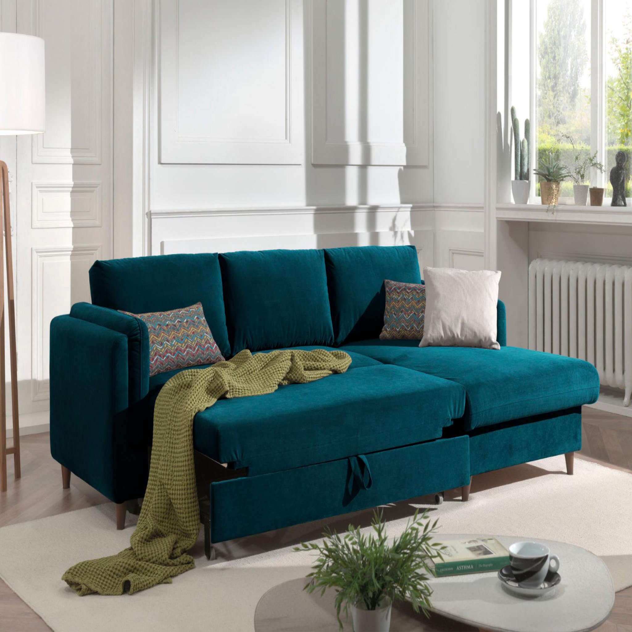 Voir la diapositive 3 : BEST MOBILIER Brooke - canapé d'angle droit - convertible avec coffre - 4 places - en velours
