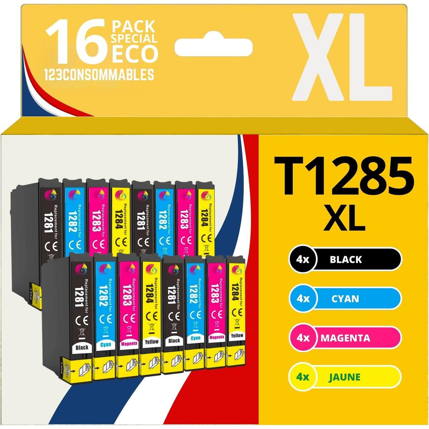 123CONSOMMABLES T1285 Pack de 16 Cartouches d'encre Compatible avec EPSON T1285 Renard T1281 T1282 T1283 T1284 pour EPSON Stylus T22 Office BX305F BX305FW SX125 SX130 SX230 Neuf - vue 3