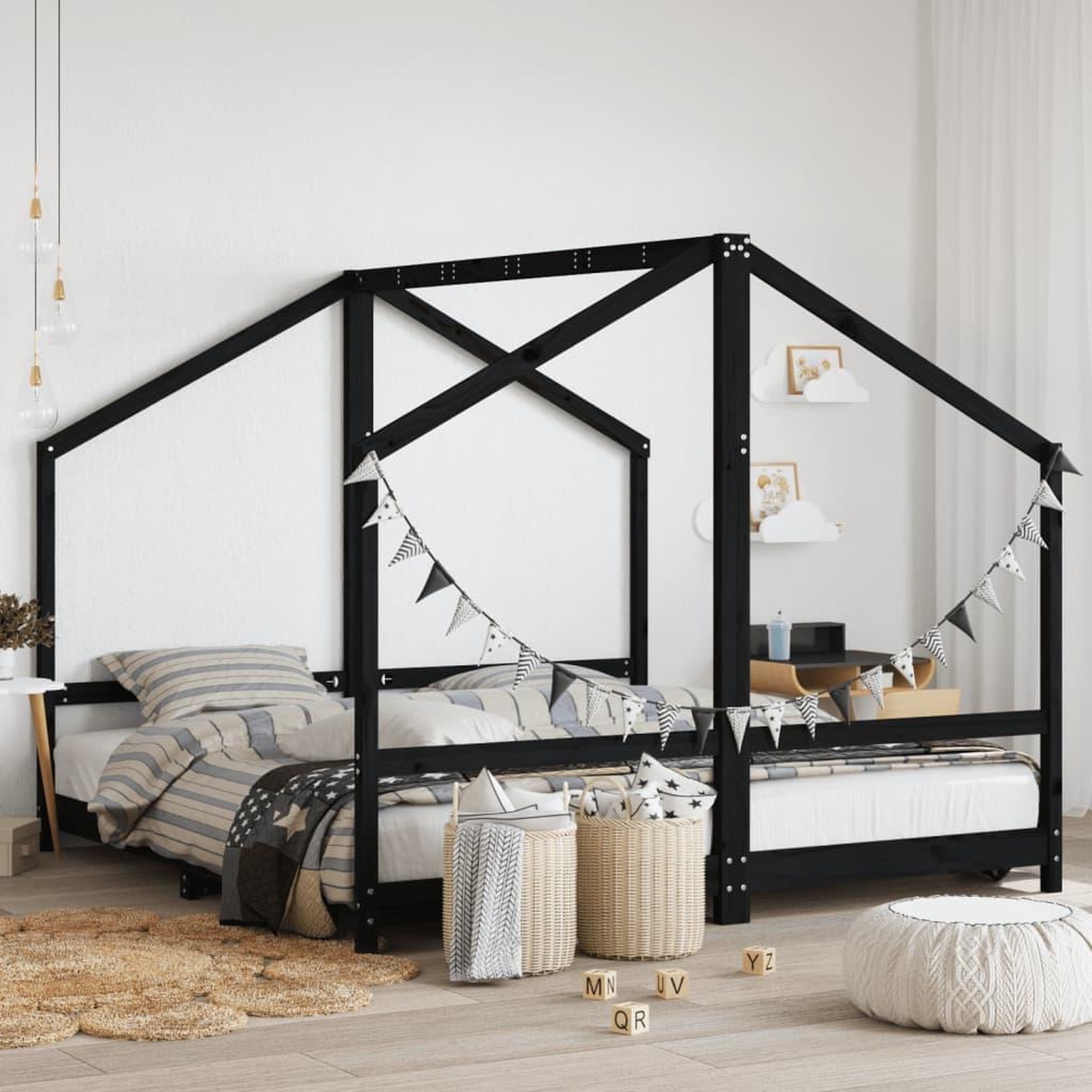 VIDAXL Cadre de lit pour enfants noir 2x(90x190) cm bois de pin massif