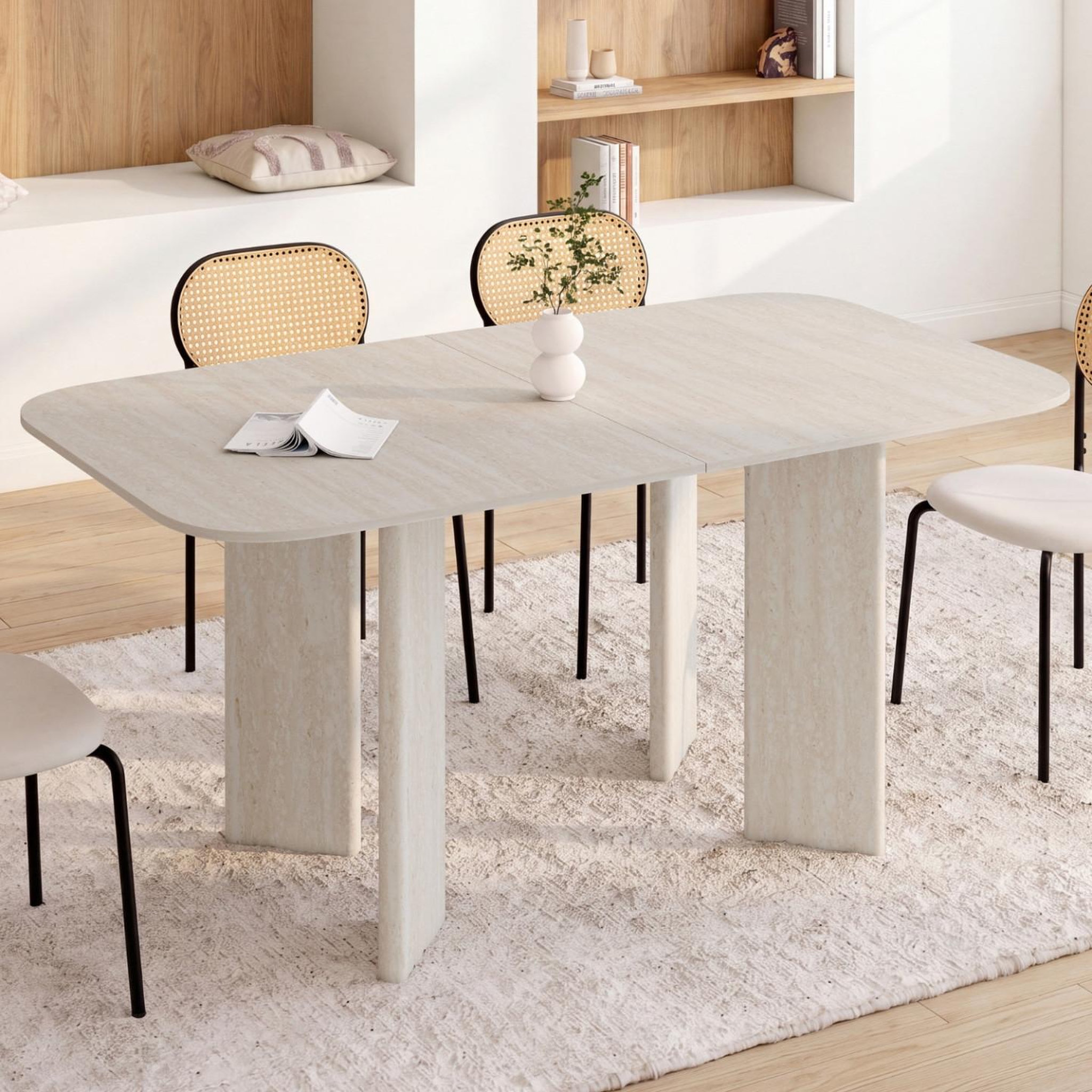 Voir la diapositive 4 : ID MARKET Table à manger extensible rectangulaire arrondie capucine 6-10 personnes 4 pieds design arrondi façon travertin 160-200 cm