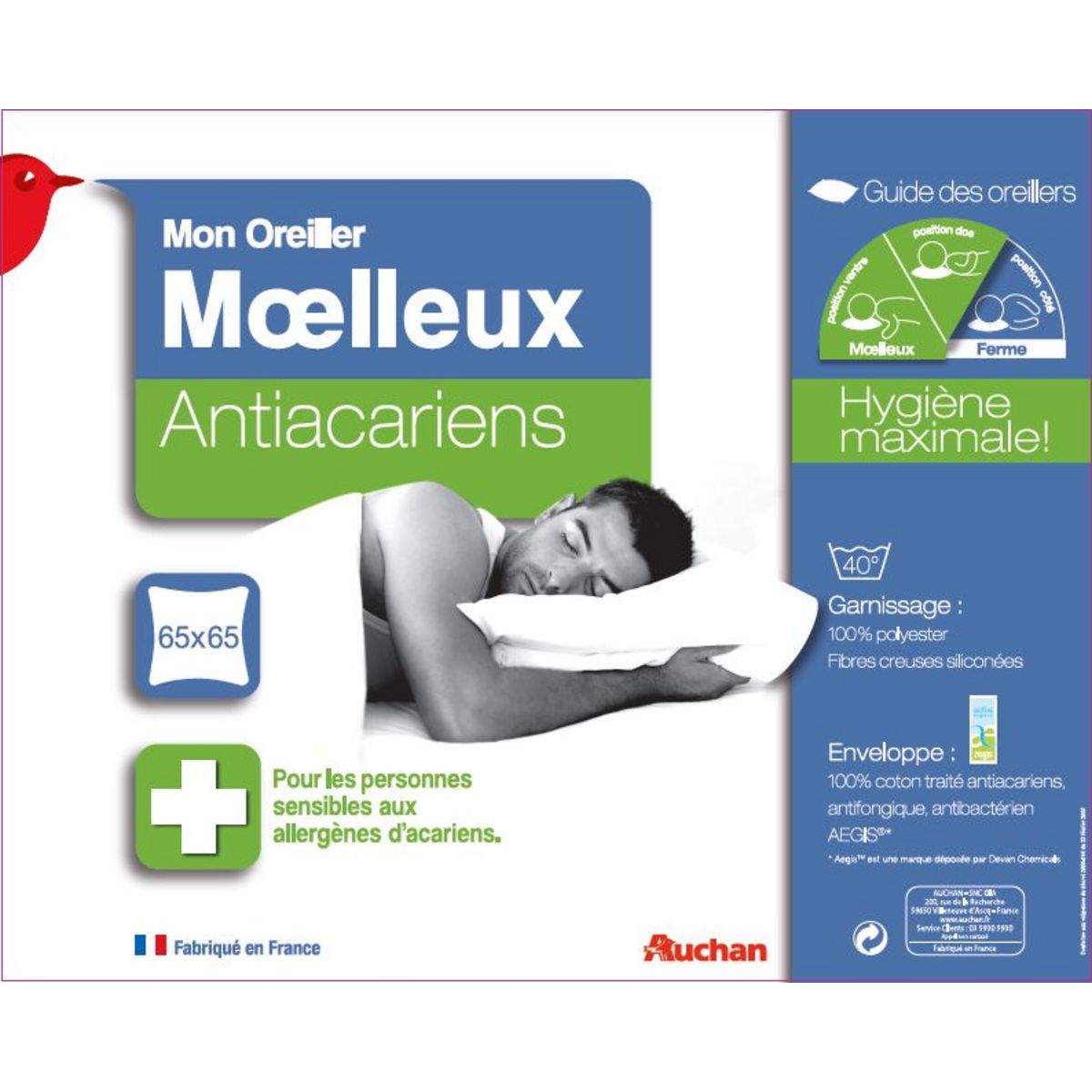 AUCHAN Oreiller moelleux Anti-acariens