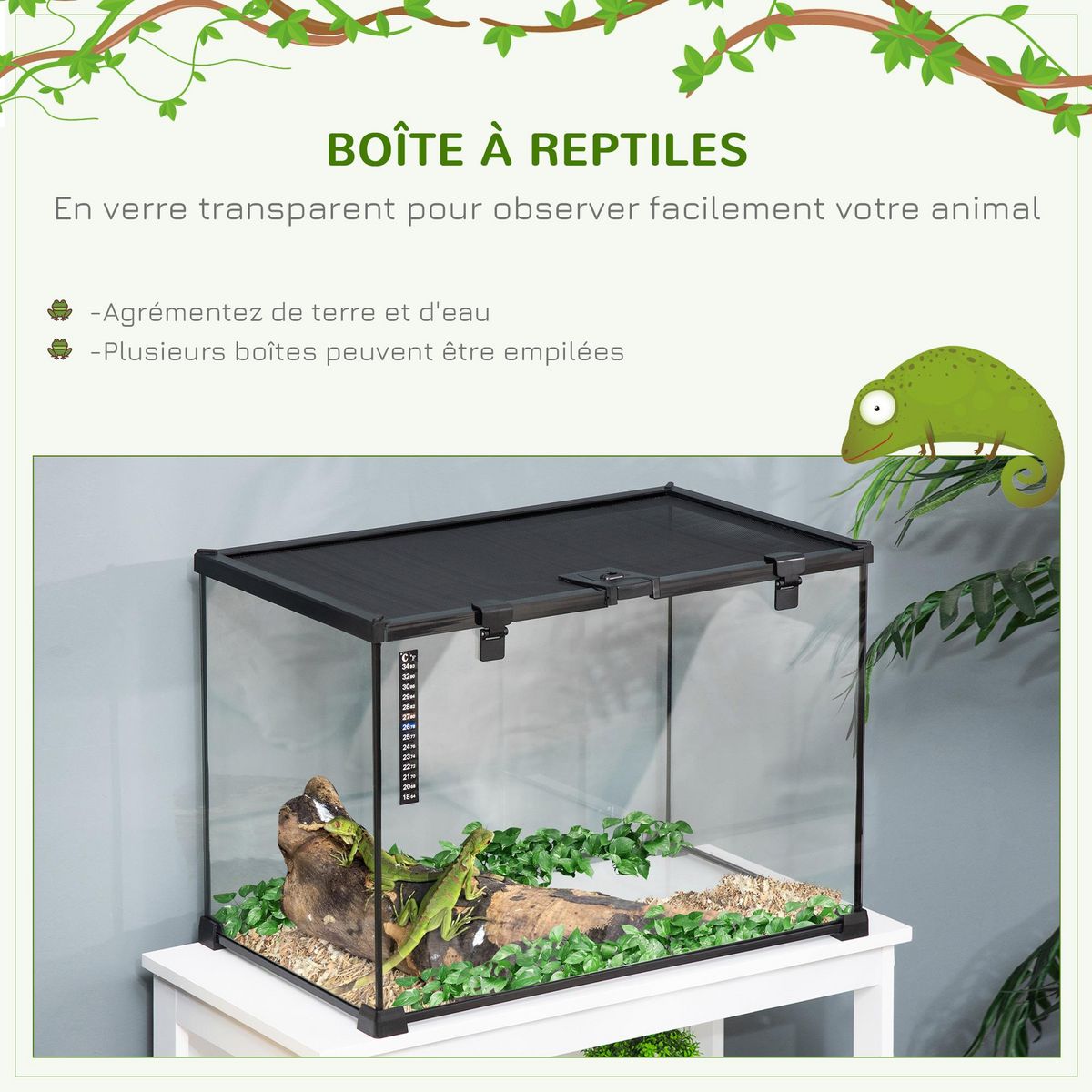 PAWHUT Terrarium en verre - vivarium reptiles & batraciens - habitat tortue - couvercle grillagé coulissant verrouillable - distributeur eau, thermomètre - métal noir verre