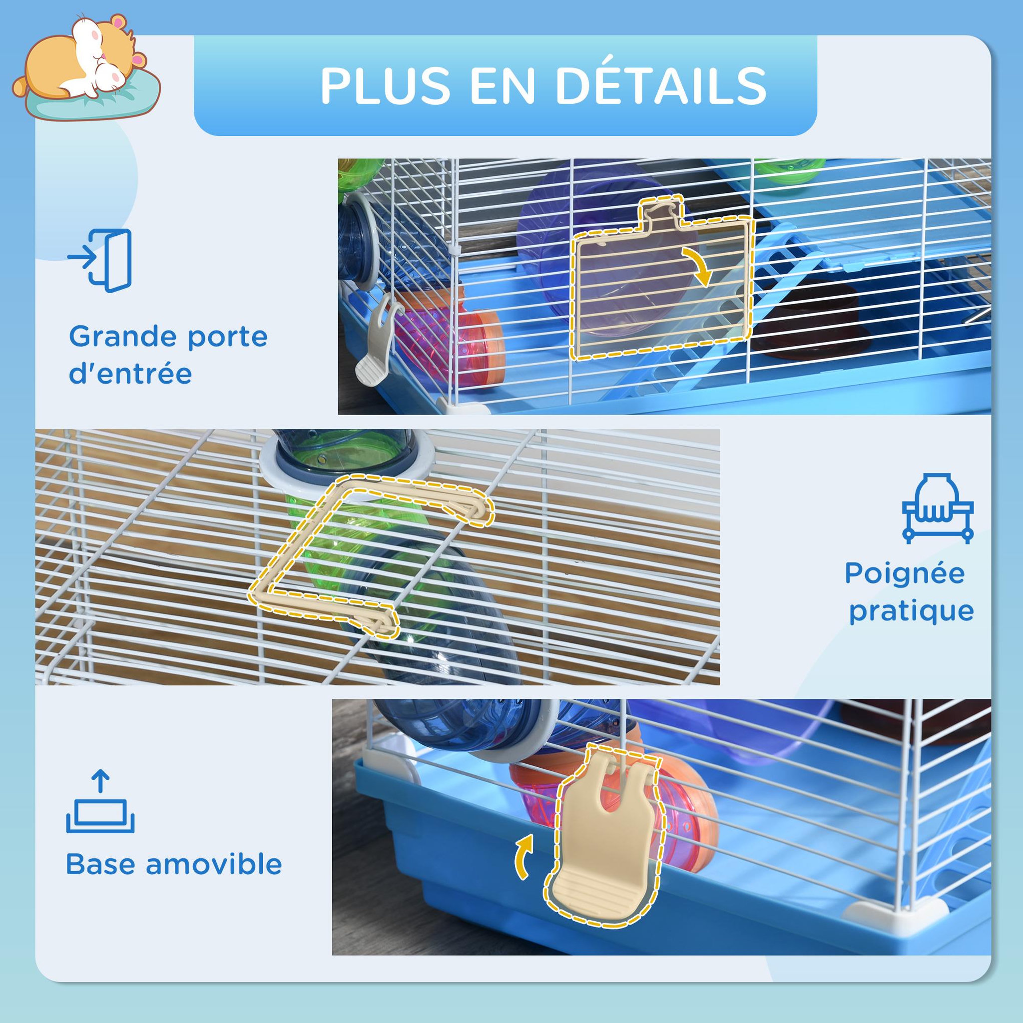 Voir la diapositive 6 : PAWHUT Cage à hamster rongeur 2 niveaux avec tunnel, biberon eau, roue, maisonnette, échelles - dim. 46L x 30l x 37H cm - métal blanc PP bleu