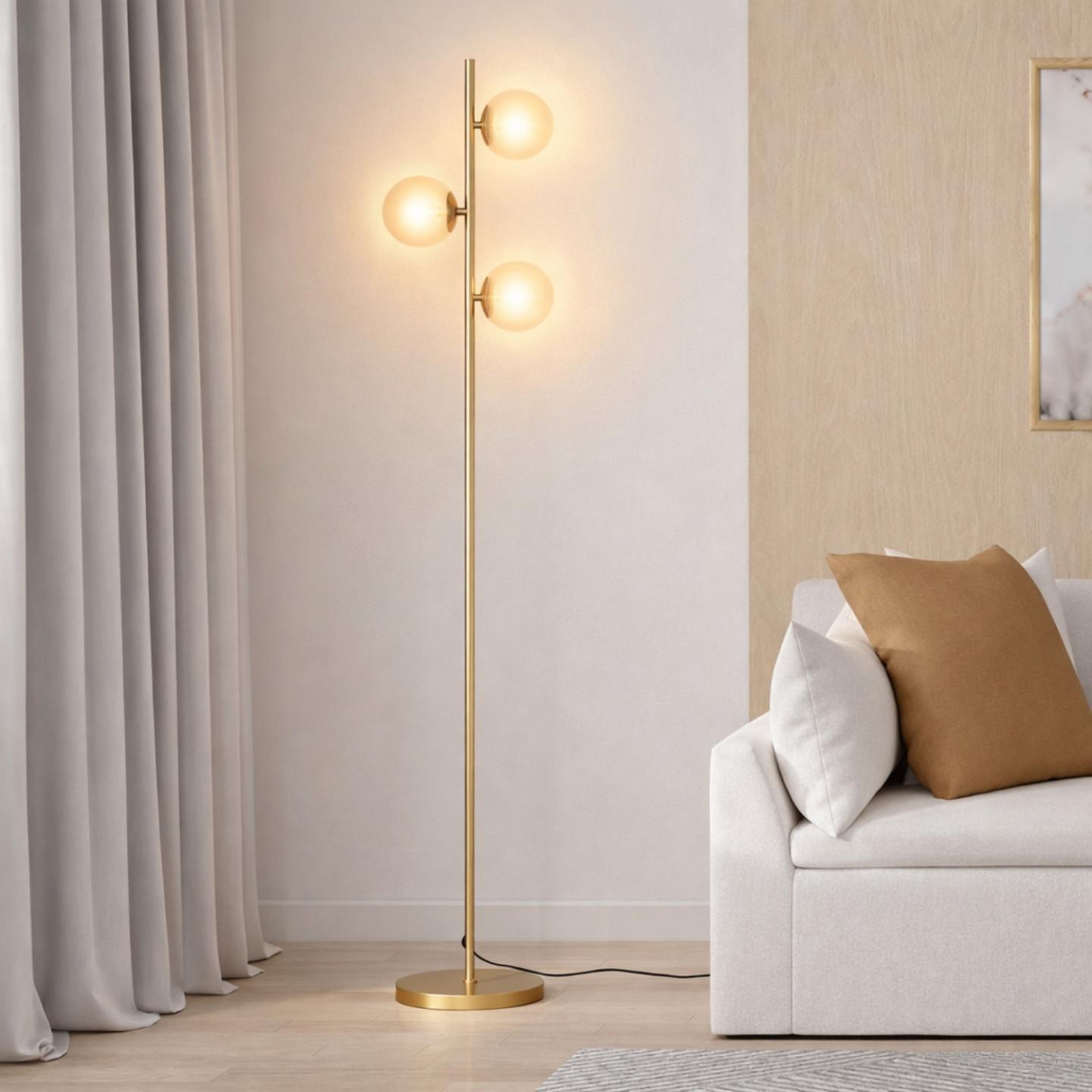 Voir la diapositive 2 : ID MARKET Lampadaire sur pied en métal doré avec 3 abat-jours globe verre