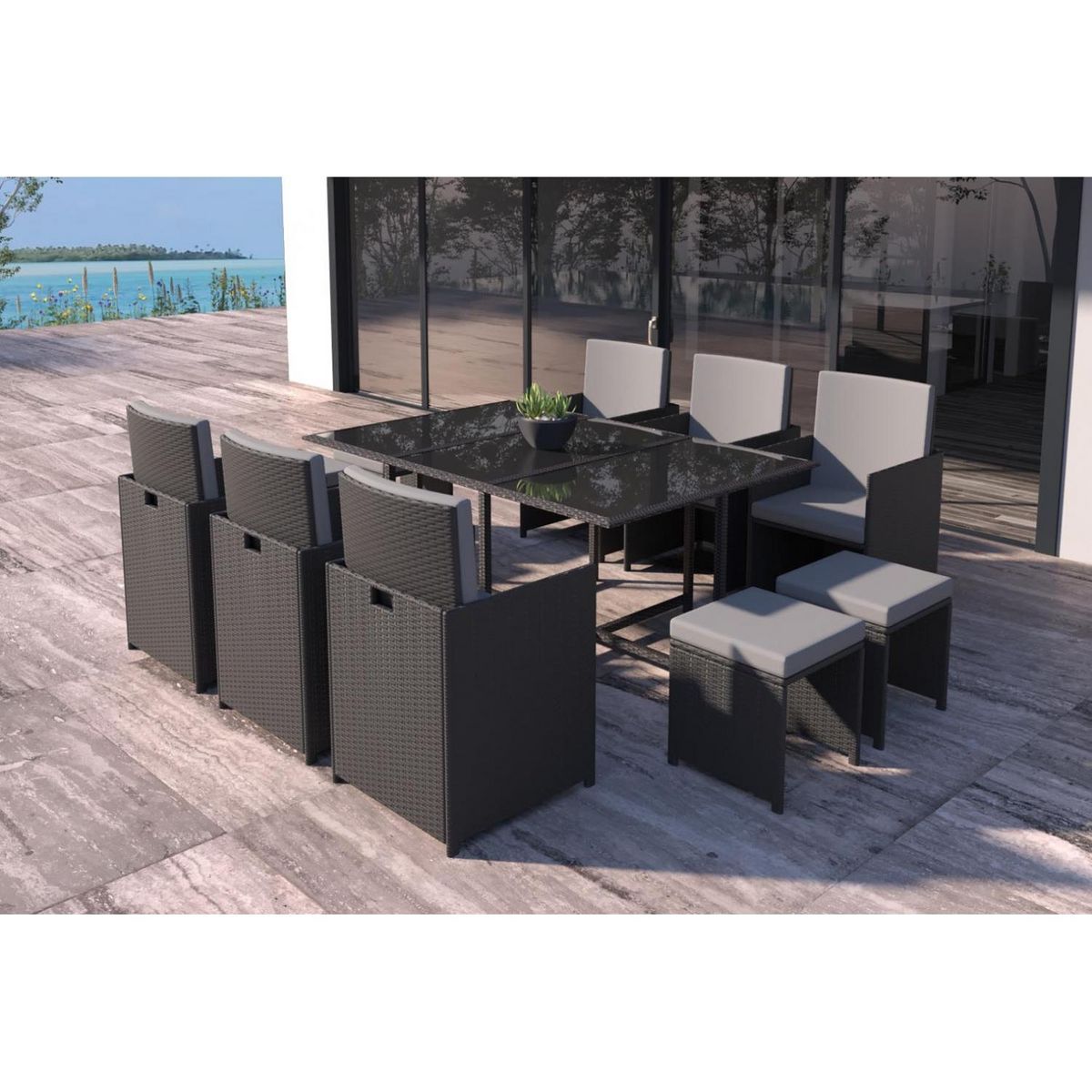 CONCEPT USINE Table et chaises 10 places en résine tressée noir et gris FLORIDA