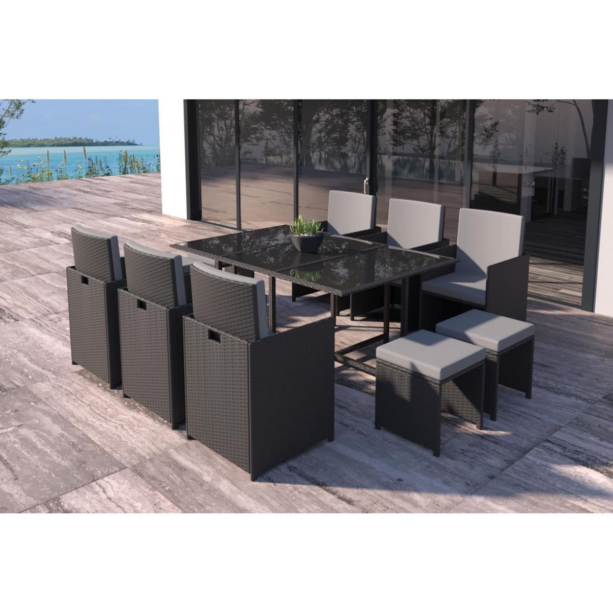 CONCEPT USINE Table et chaises 10 places en résine tressée noir et gris FLORIDA