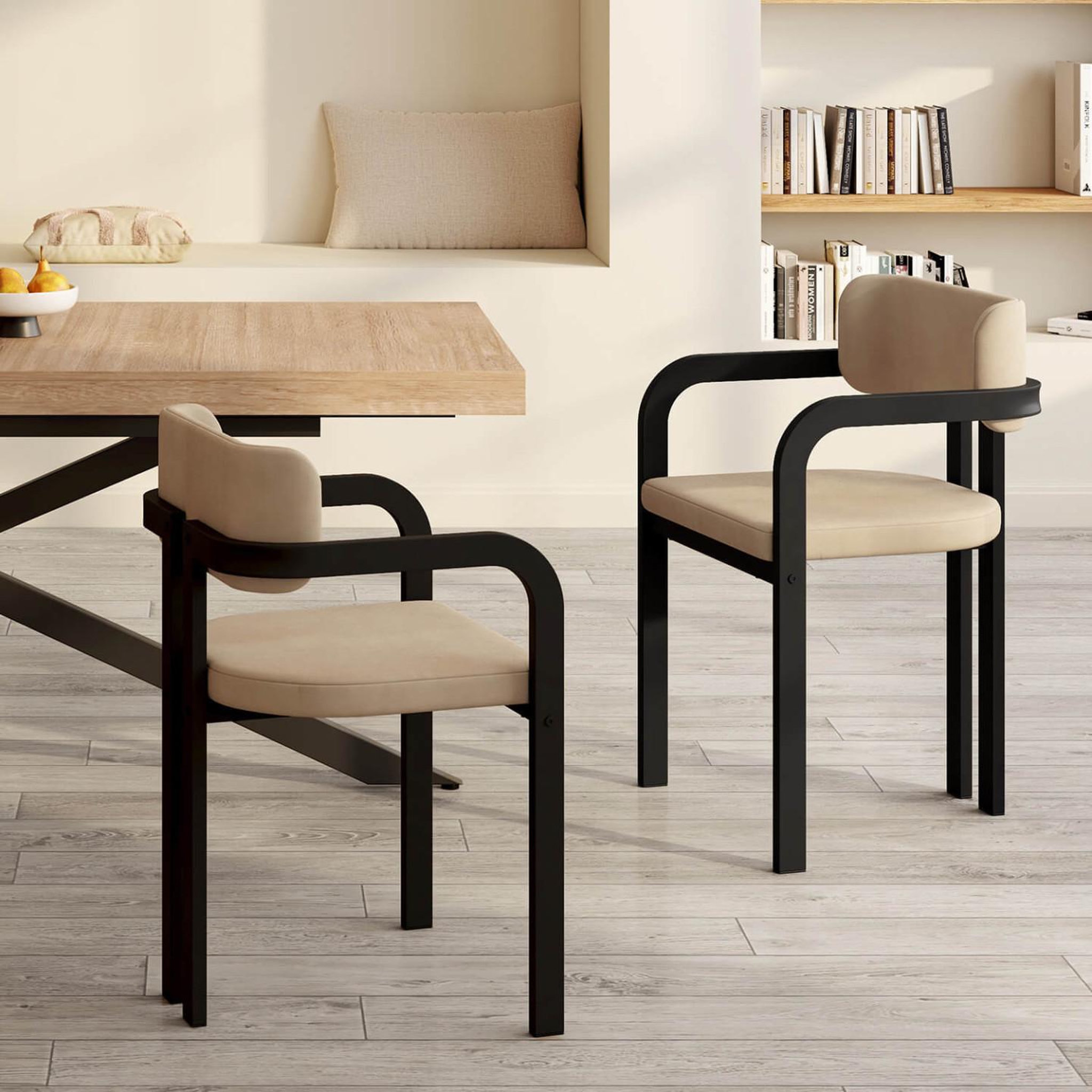 Voir la diapositive 2 : ID MARKET Lot de 2 chaises de salle à manger, fauteuils de table esma en métal noir et velours taupe avec accoudoirs