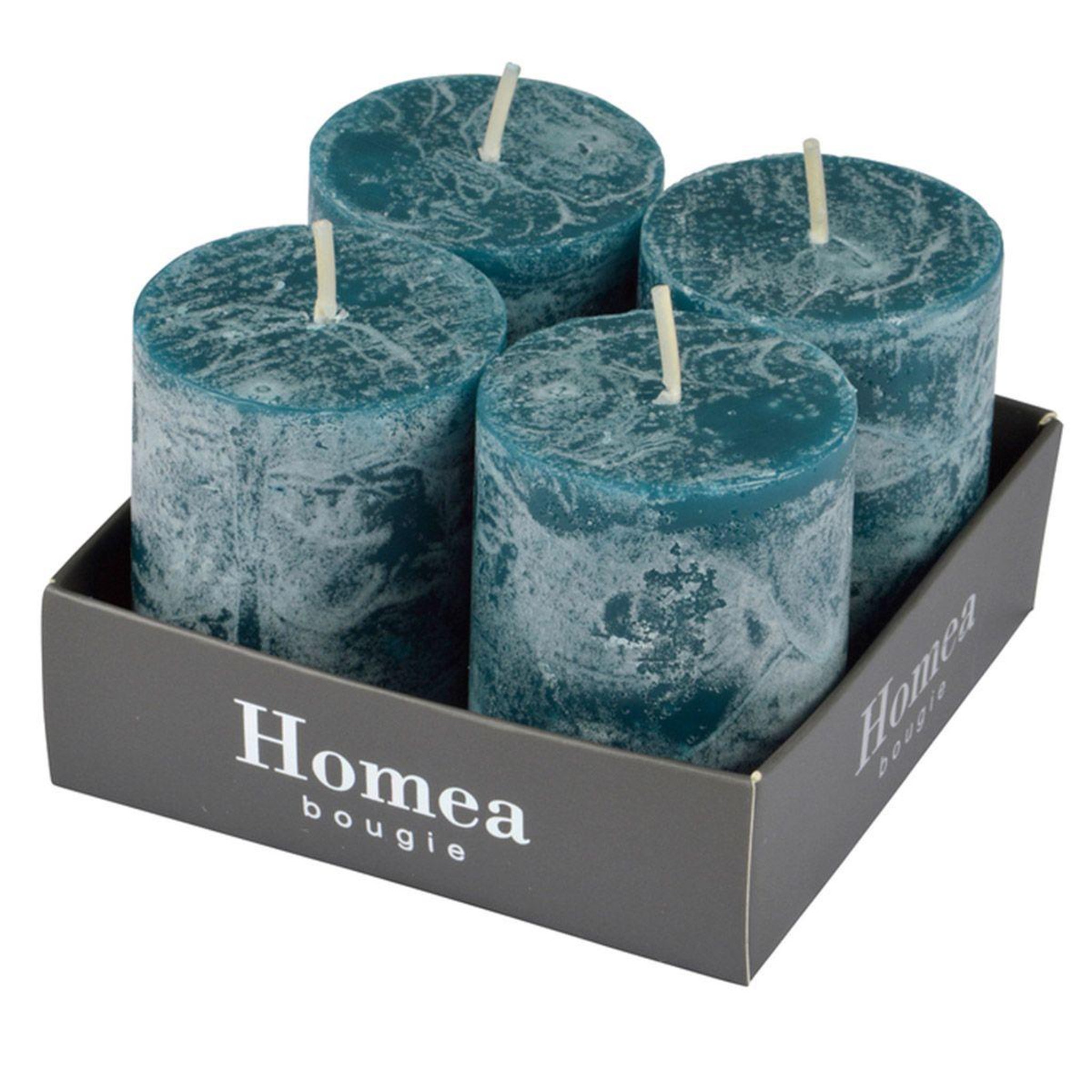 Voir la diapositive 2 : HOMEA Lot de 4 bougies pilier  rustique  5cm bleu paon