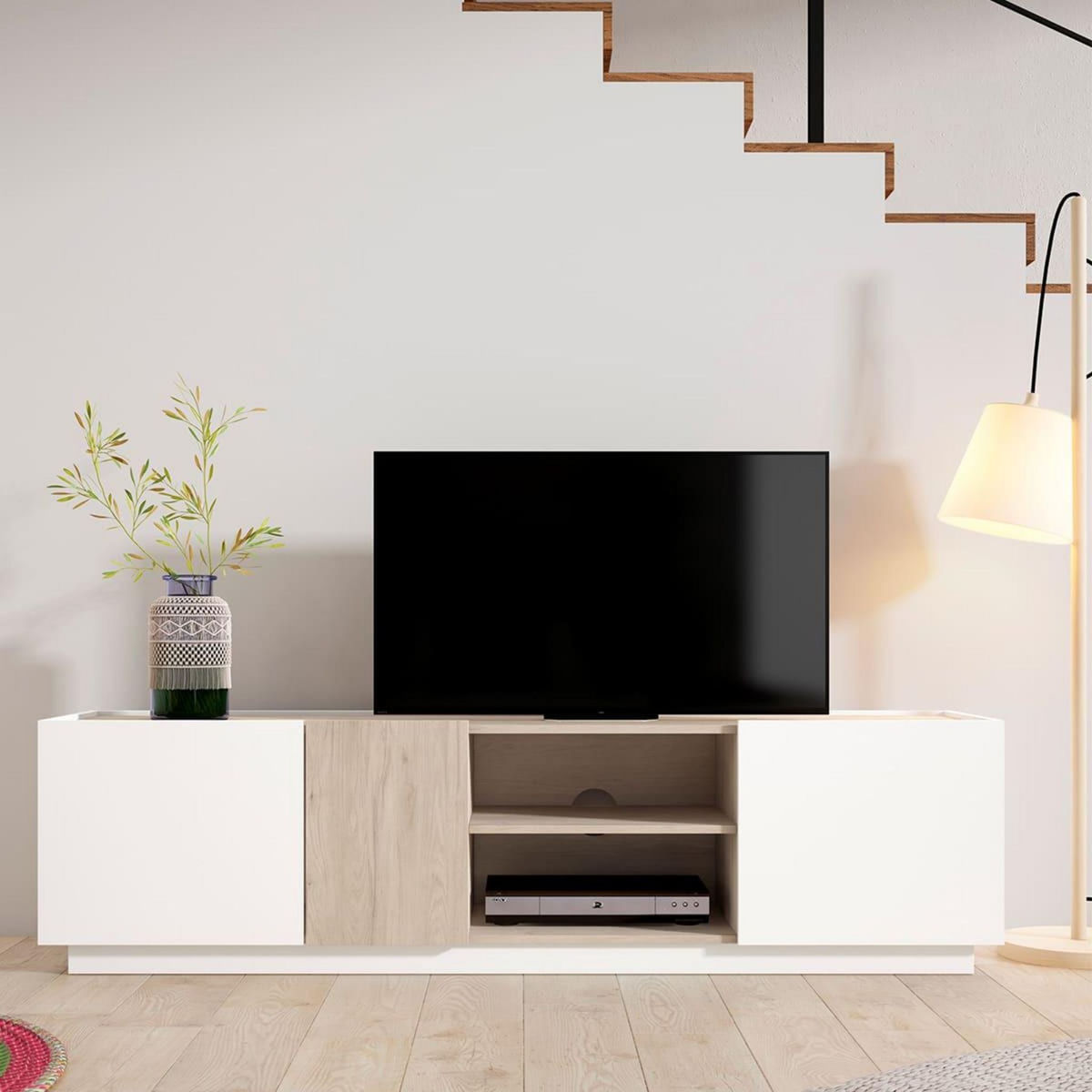 HOMIFAB Buffet 3 portes blanc et effet bois 130 cm - Josie