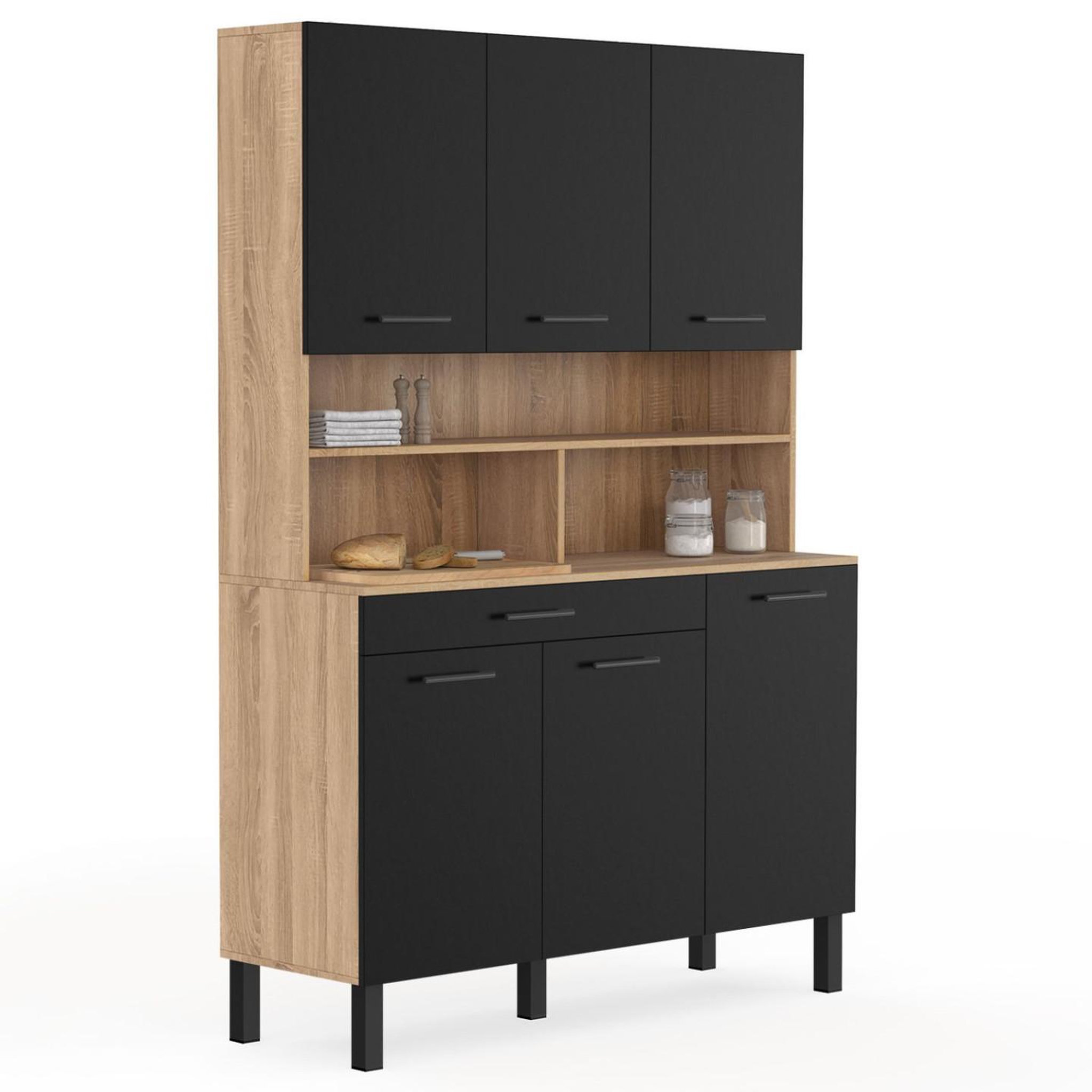 ID MARKET Buffet de cuisine 120 cm cina 6 portes + tiroir façon hêtre et noir