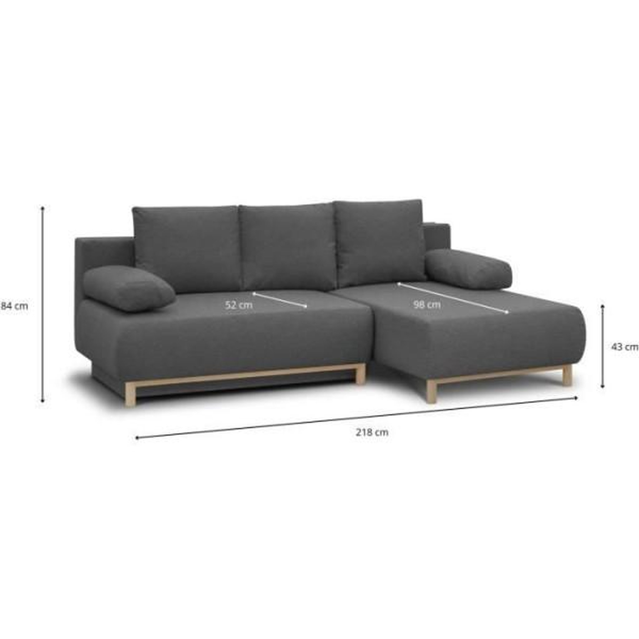 Voir la diapositive 5 : MARKET24 Canapé d'angle droit convertible MIKA 3 places - Tissu gris clair - Coffre de rangement - L218 x P98/145 x H84 cm