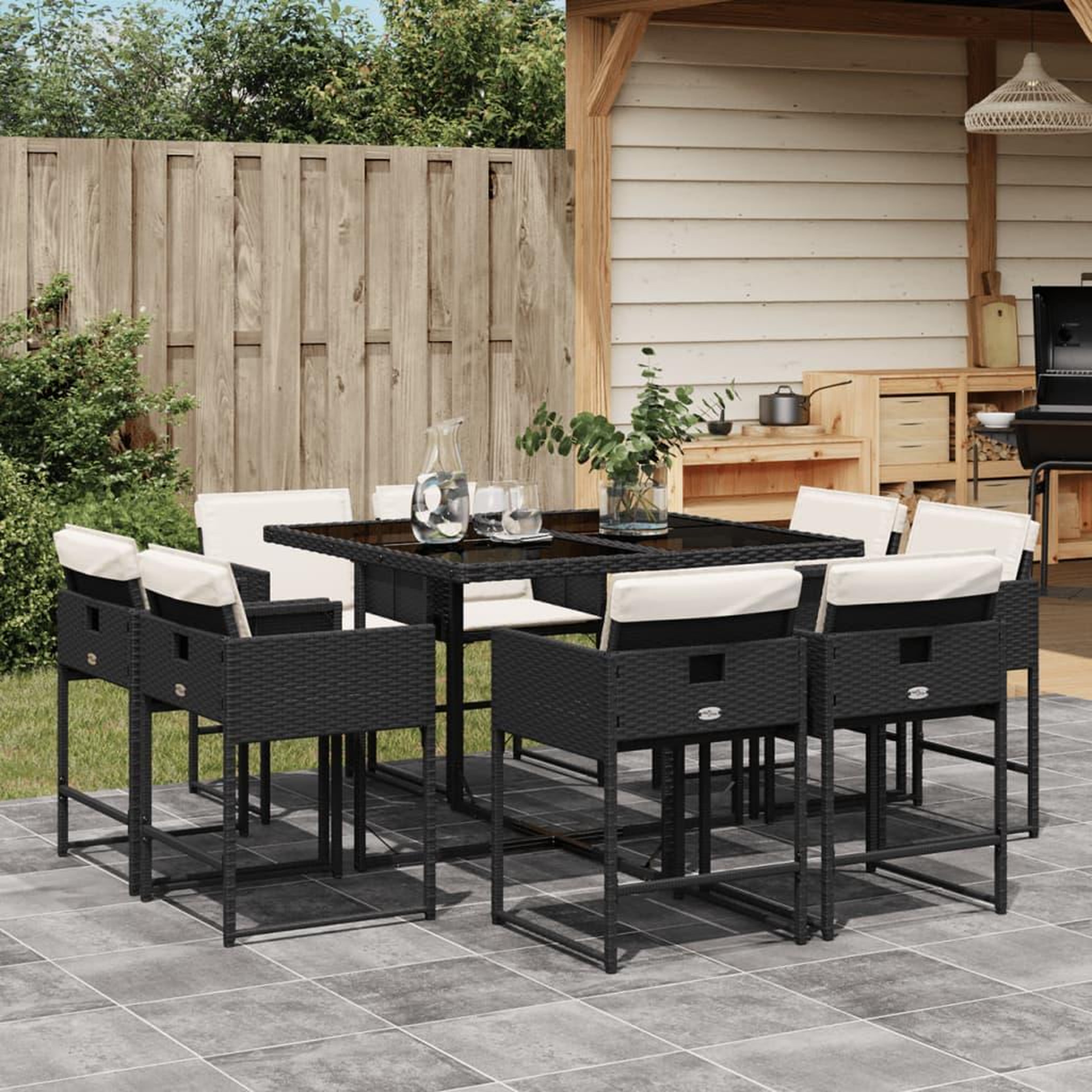 VIDAXL Ensemble a manger de jardin 9pcs coussins noir resine tressee