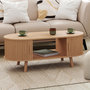 Voir la diapositive 2 : ID MARKET Table basse ovale ROMIE 100 cm 2 portes coulissantes lattes tasseau bois coloris chêne