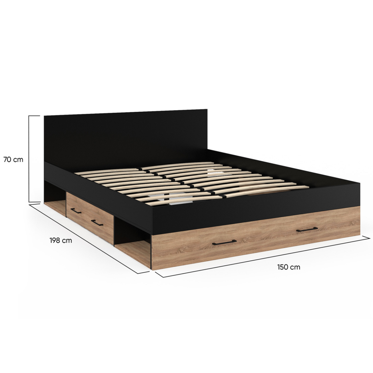 ID MARKET Lit double MINEA avec tiroirs + niches de rangement + tête de lit et sommier 140 x 190 cm façon hêtre et noir