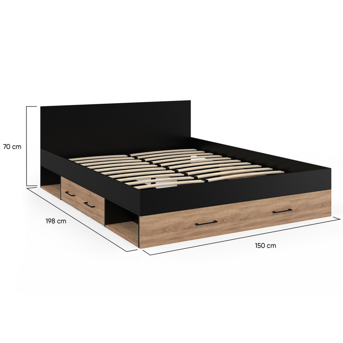 ID MARKET Lit double MINEA avec tiroirs + niches de rangement + tête de lit et sommier 140 x 190 cm façon hêtre et noir