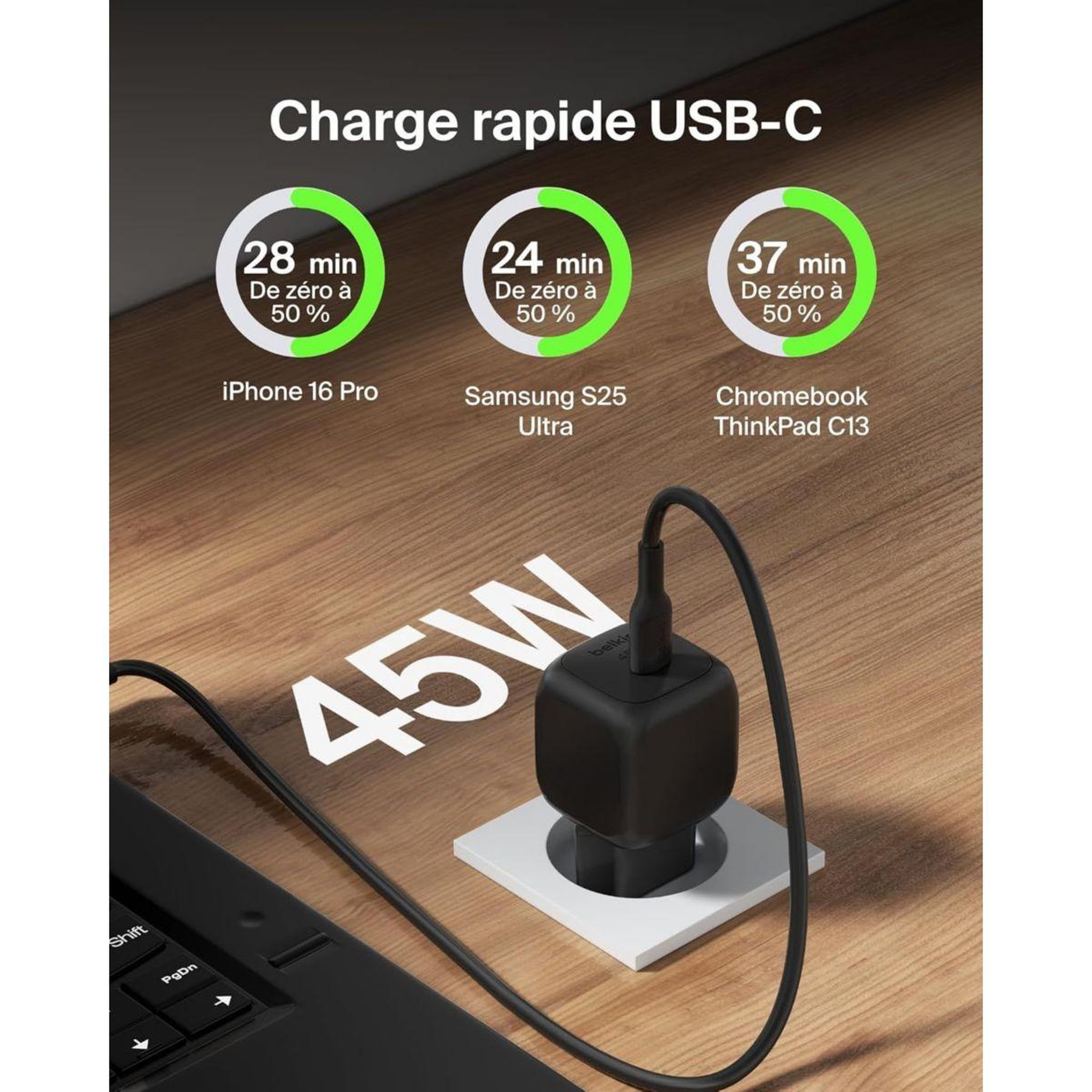 Voir la diapositive 4 : Belkin Chargeur 45w usb charge rapide & cable 1m noir