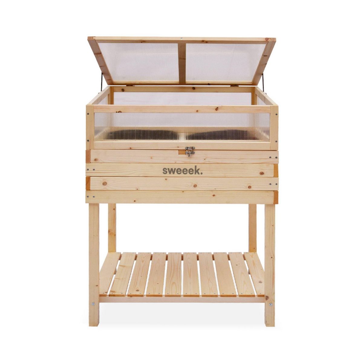 SWEEEK Potager en bois sur pieds et serre en polycarbonate amovible. ERABLE. 2 en 1. avec étagère et géotextile. 80 x 60 x 109 cm