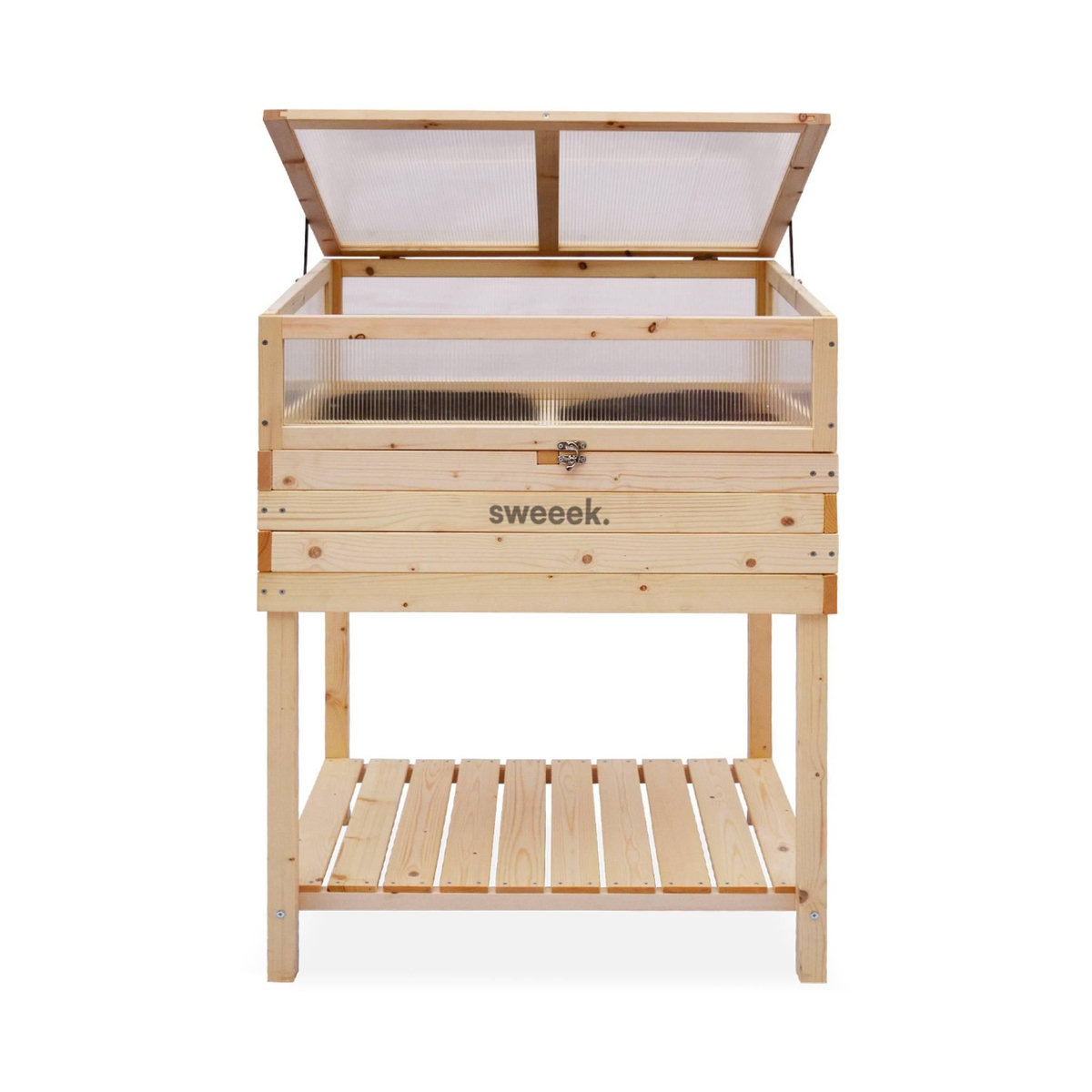 SWEEEK Potager en bois sur pieds et serre en polycarbonate amovible. ERABLE. 2 en 1. avec étagère et géotextile. 80 x 60 x 109 cm