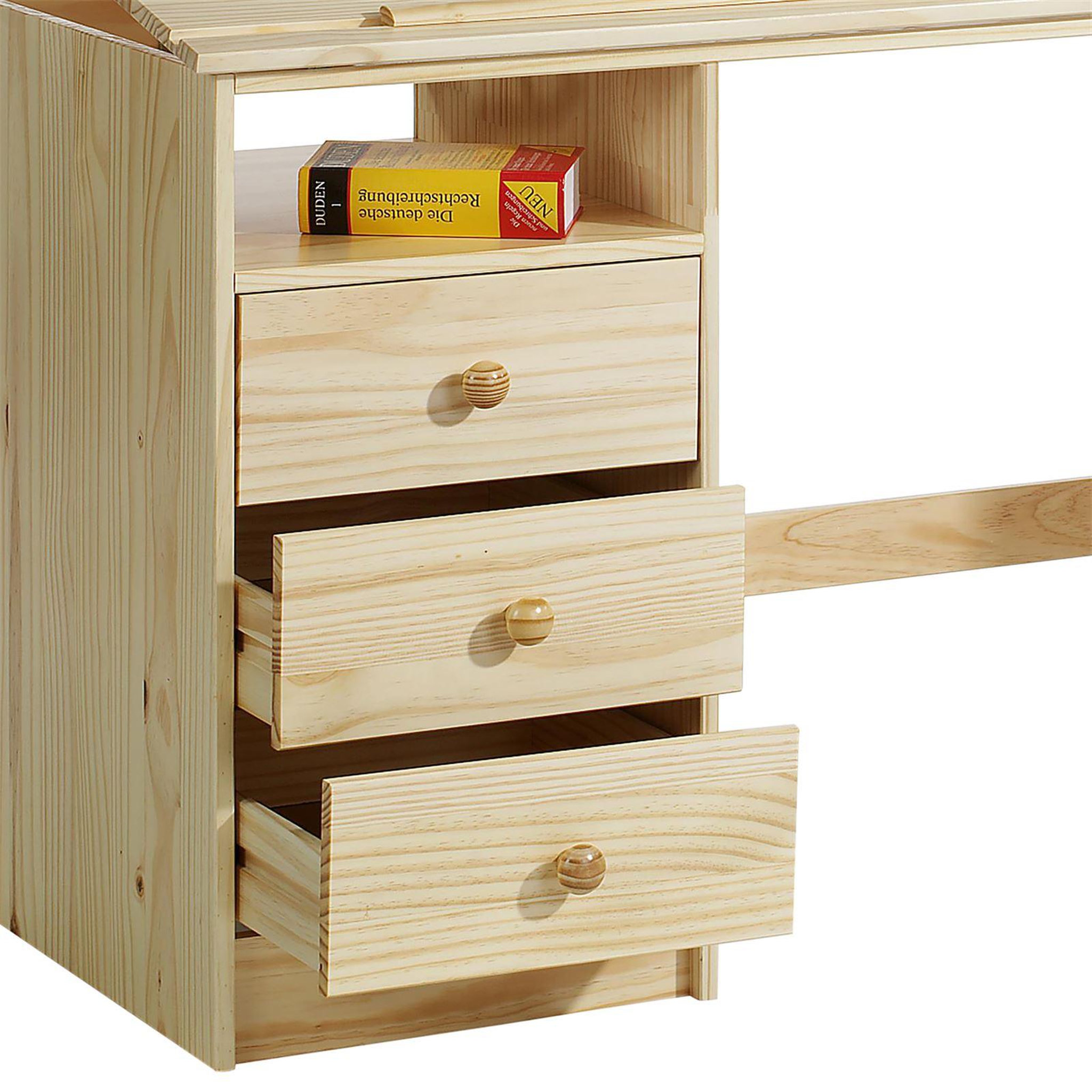 Voir la diapositive 3 : IDIMEX Bureau enfant KEVIN, en pin massif, 3 tiroirs et plateau inclinable