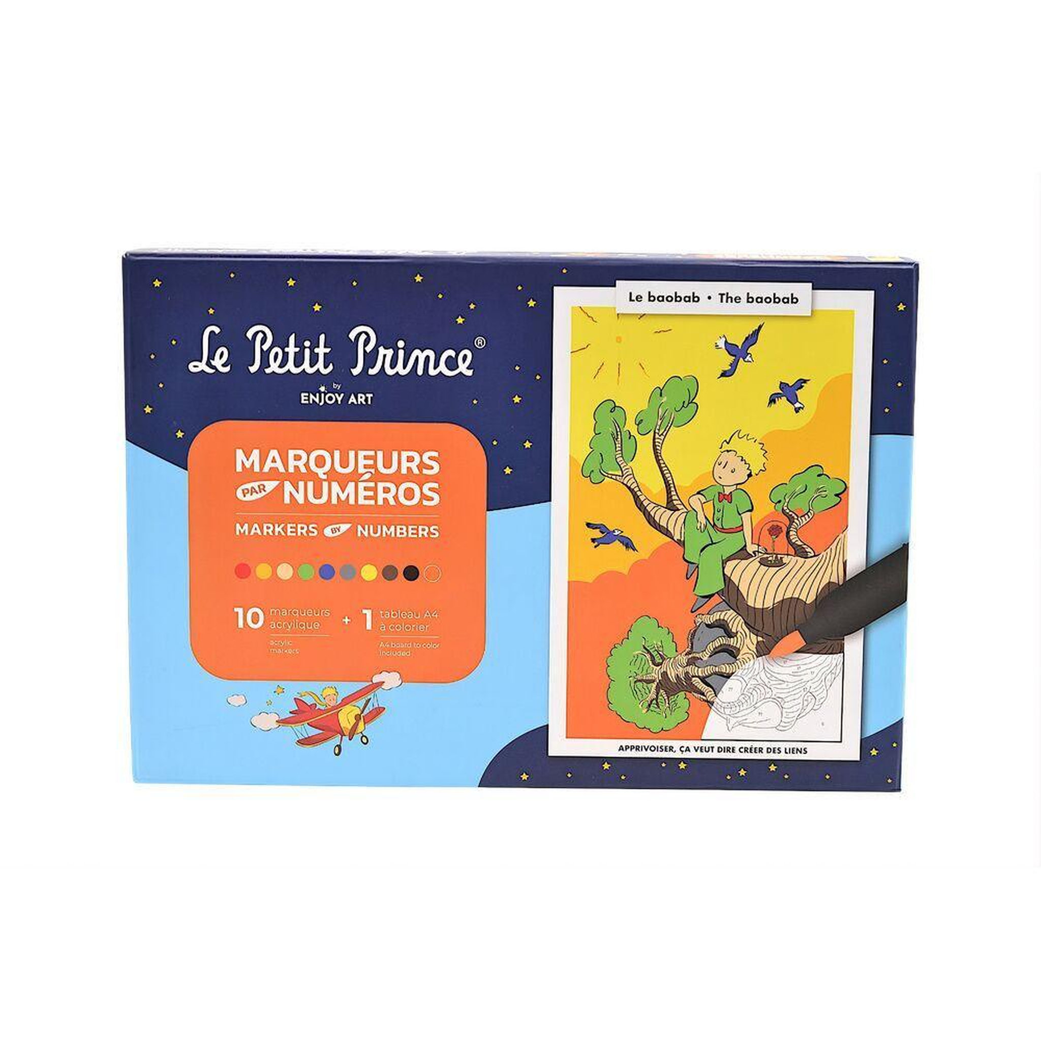 Coffret marqueurs par numéros A4 Le Petit Prince – Le baobab, 10 marqueurs acryliques multicolores, pointe pinceau
