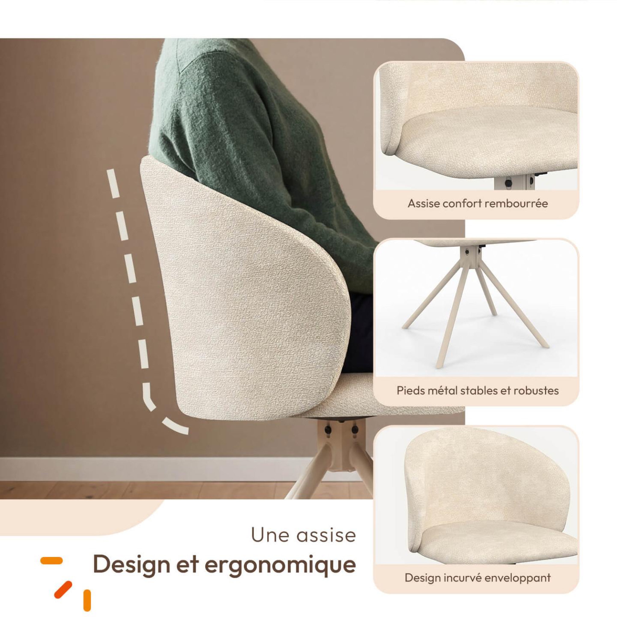Voir la diapositive 4 : ID MARKET Lot de 4 chaises pivotantes kira en tissu chenille beige et pied métal beige pour salle à manger