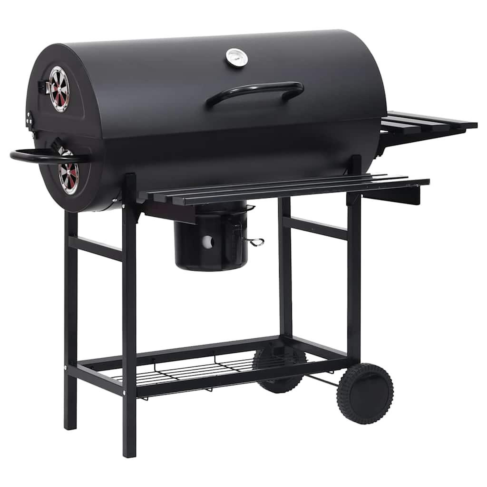 Voir la diapositive 2 : VIDAXL Gril a baril avec roues et etageres noir acier 115x85x95 cm