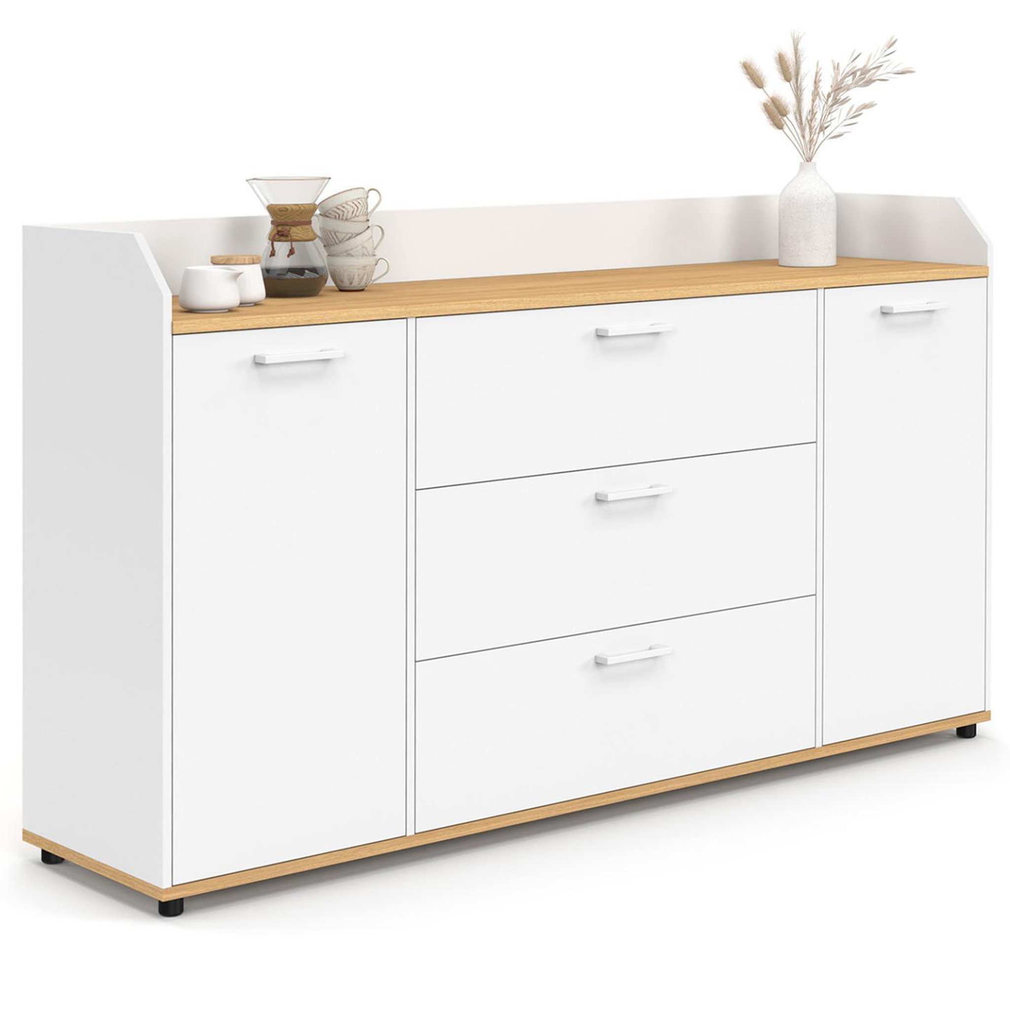 ID MARKET Buffet 140 cm jaba 4 portes avec rebord blanc et plateau bois façon hêtre