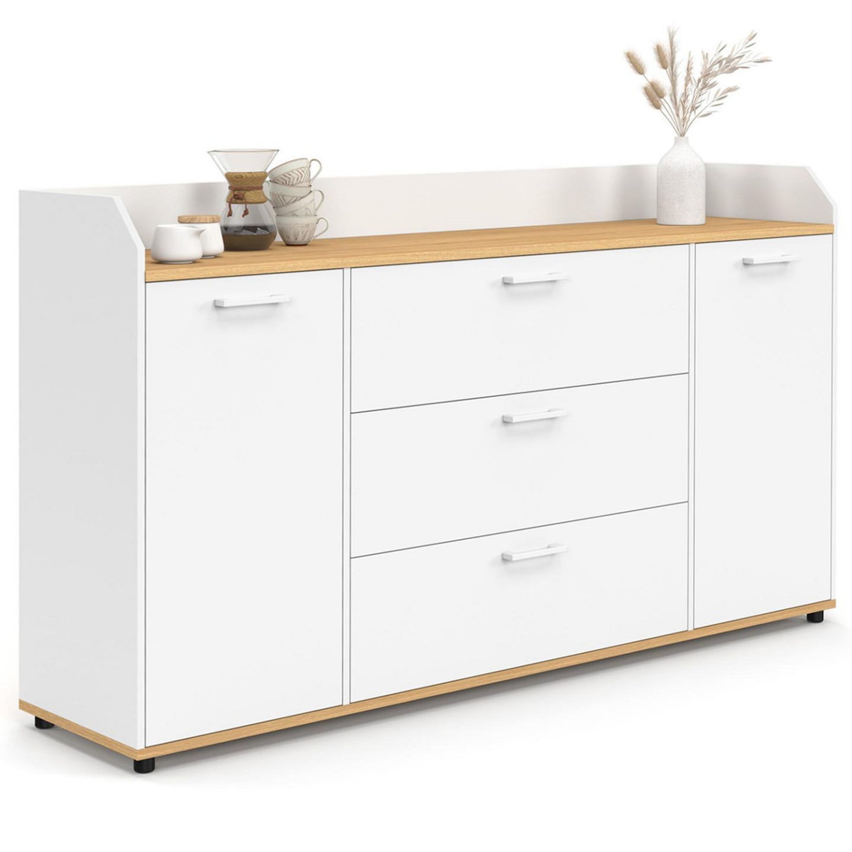 ID MARKET Buffet 140 cm JABA 4 portes avec rebord blanc et plateau bois façon hêtre