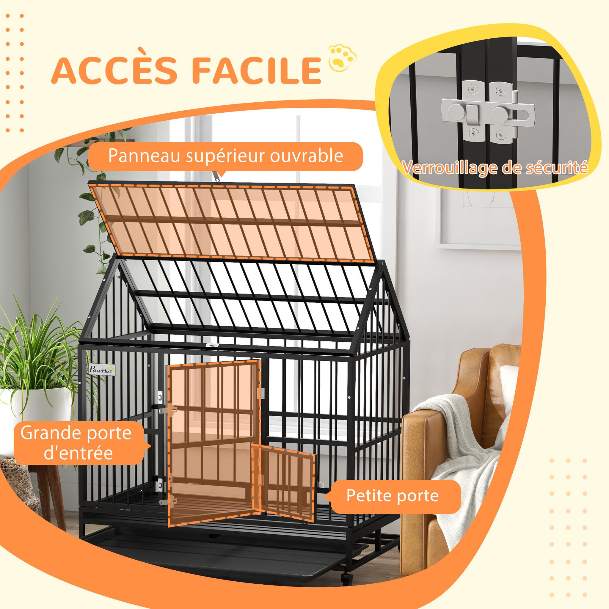 Voir la diapositive 6 : PAWHUT Cage chien grande taille sur roulettes - 2 portes verrouillables, plateau amovible - acier noir
