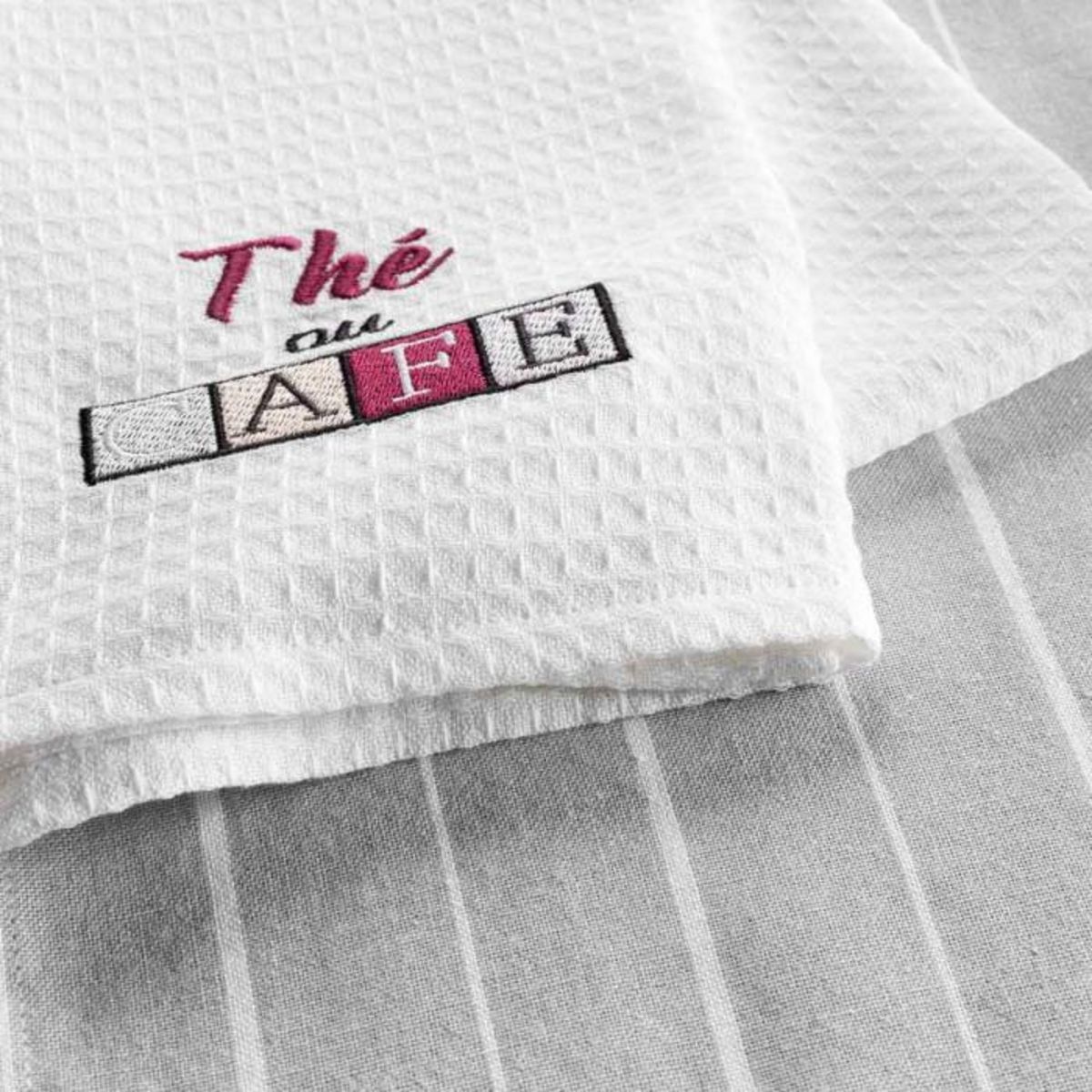 Paris Prix Lot de 2 Torchons Nid d'Abeille  Déjeuner  50x70cm Gris