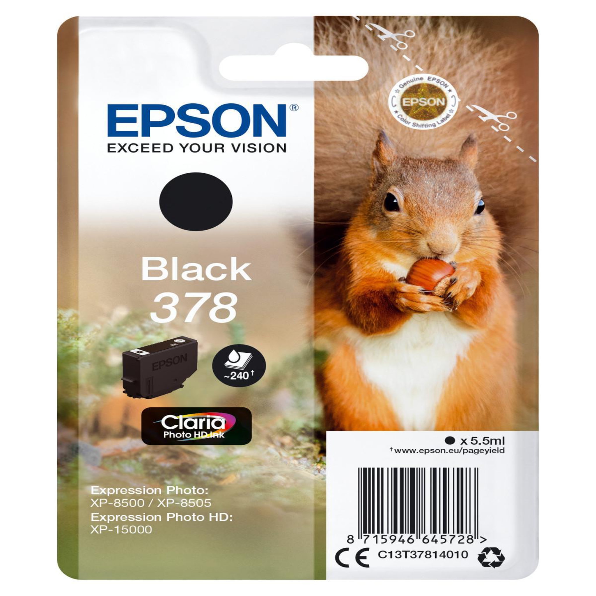 Voir la diapositive 2 : Epson Cartouche d'encre Originale 378 Noire Série Écureuil - C13T37814010