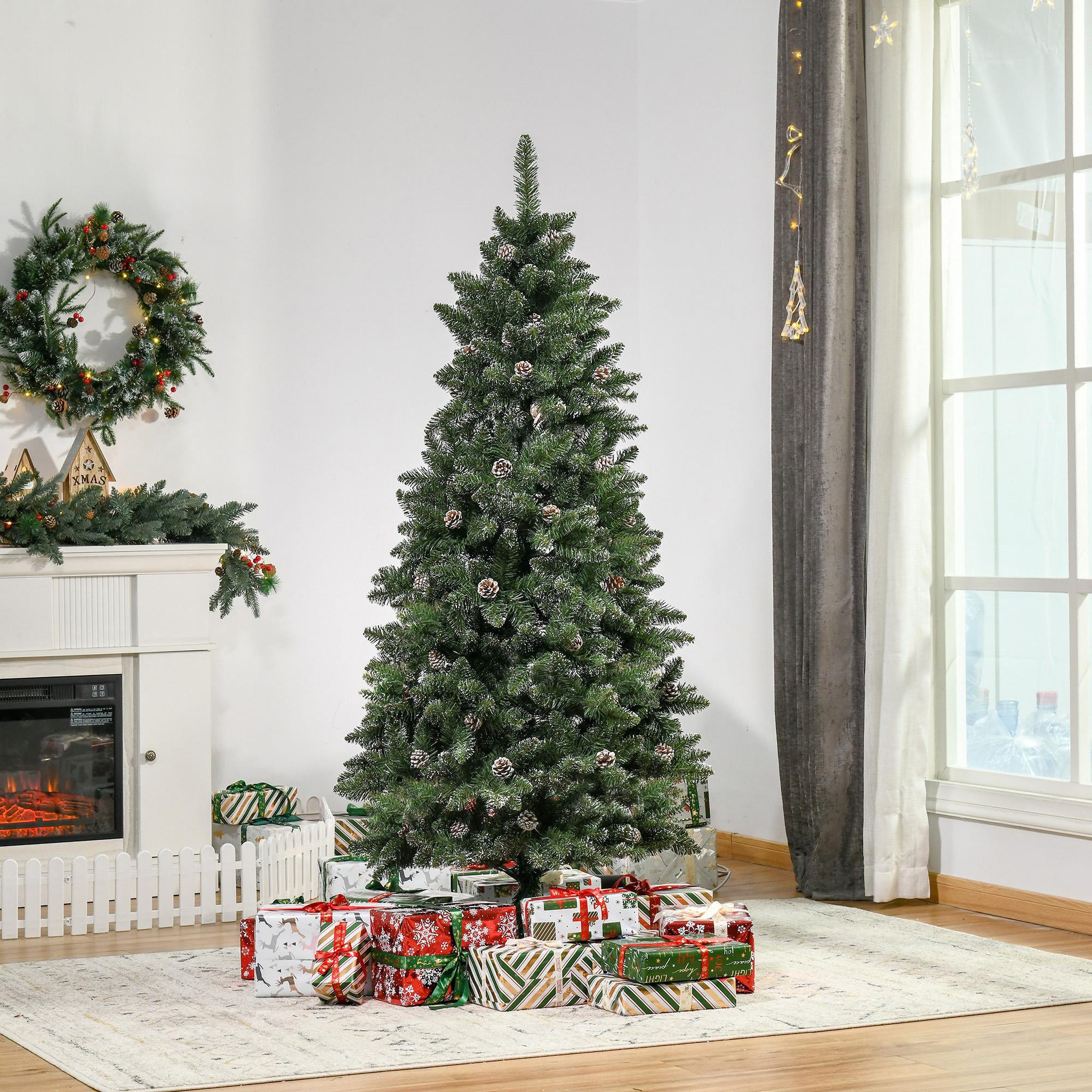 Voir la diapositive 2 : HOMCOM Sapin de Noël artificiel aspect enneigé Ø 86 x 180H cm 50 pommes de pin 718 branches épines imitation Nordmann grand réalisme