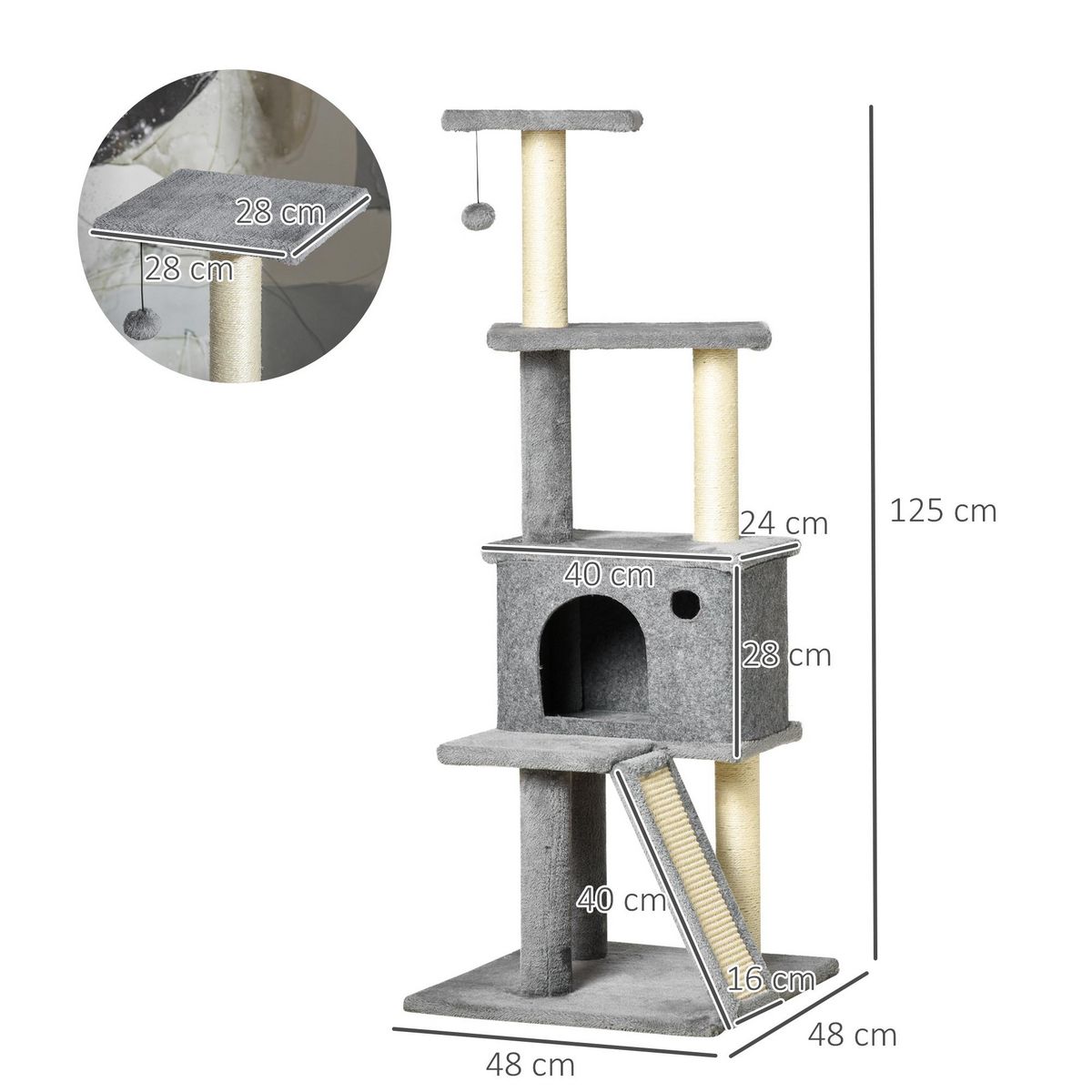 PAWHUT Arbre à chat centre d'activités multi-équipé griffoirs grattoir jeu boule suspendue niche housse amovible plateformes gris