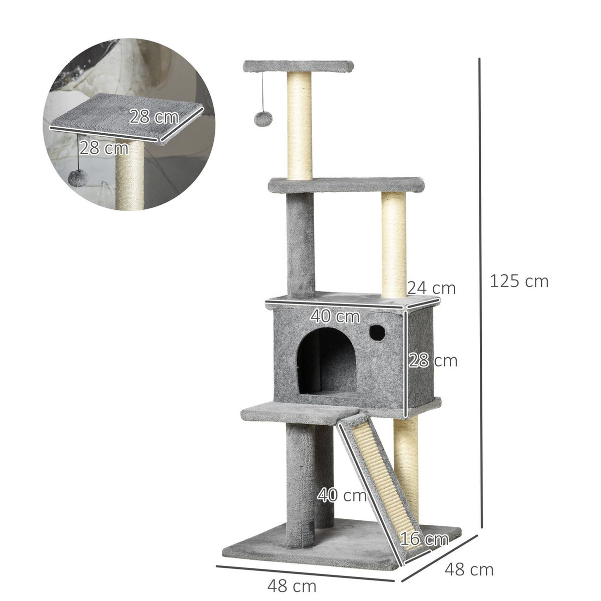 PAWHUT Arbre à chat centre d'activités multi-équipé griffoirs grattoir jeu boule suspendue niche housse amovible plateformes gris