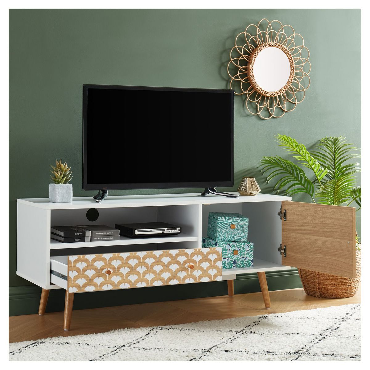 Meuble TV scandinave à imprimés - 1 porte 1 tiroir - décor bois et blanc - L115cm OHIO