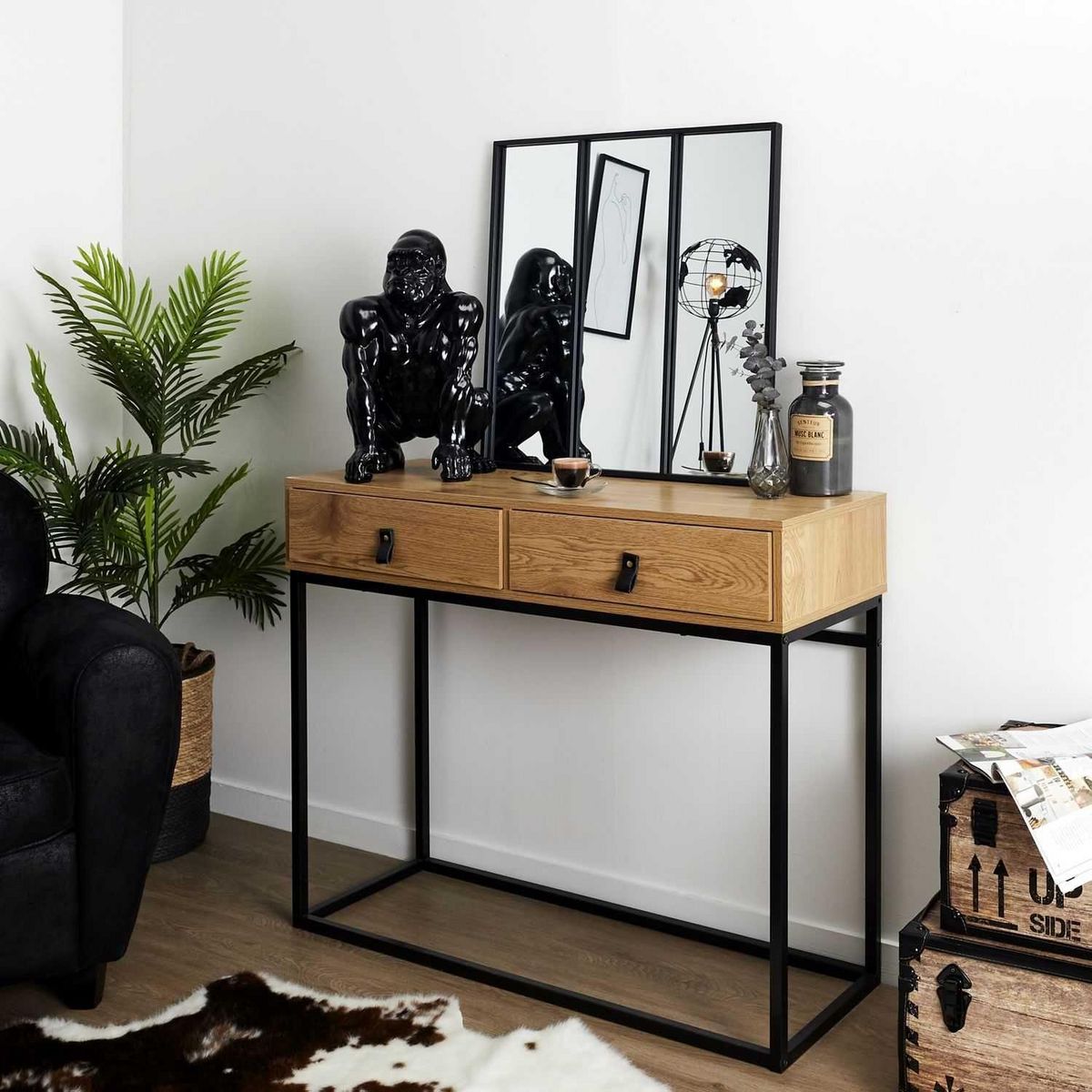 TOILINUX Miroir style verrière en 3 parties en métal - Noir