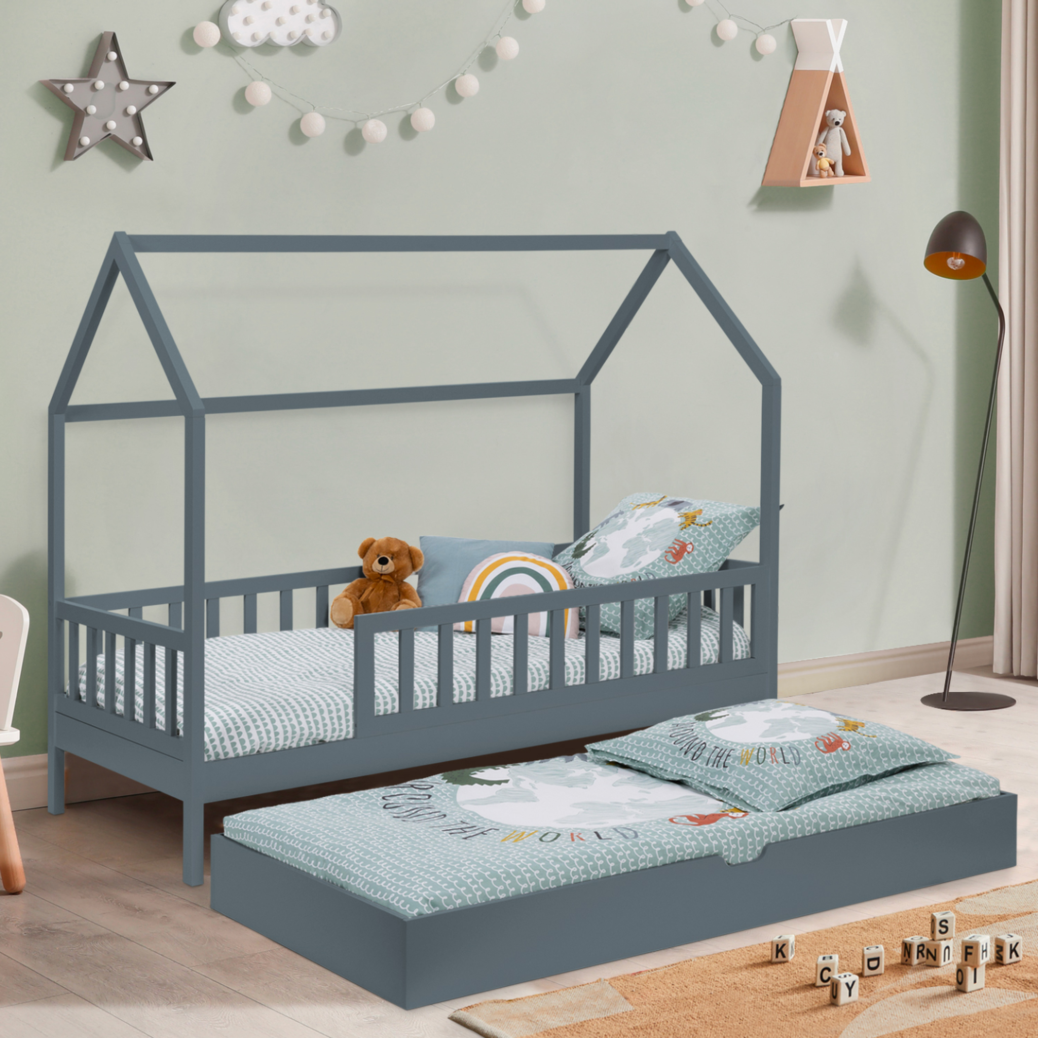 Voir la diapositive 5 : ID MARKET Lit cabane enfant 80 x 160 cm neree gris avec 1 tiroir gigogne et de rangement