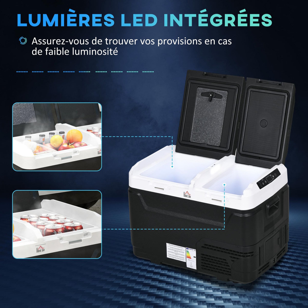 HOMCOM Glacière électrique portable 40L pour voiture - congélateur réfrigérateur 2 zones - LED - noir blanc
