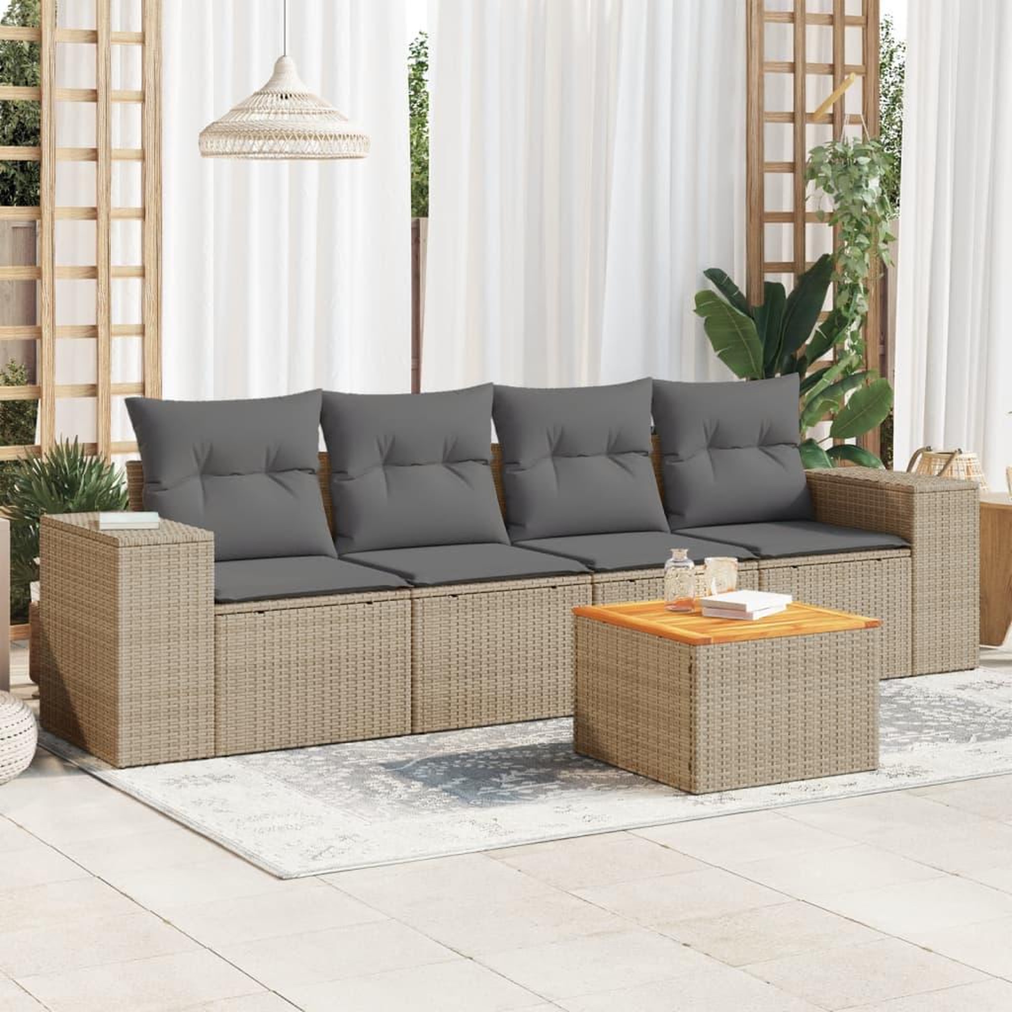 VIDAXL Salon de jardin avec coussins 5 pcs beige resine tressee