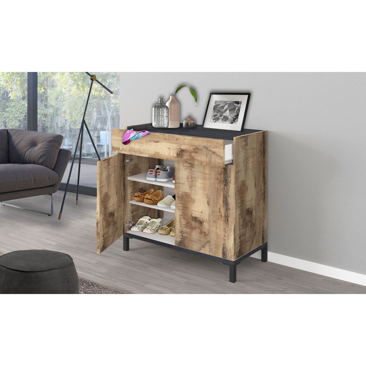 Commode meuble à chaussures 2 portes 1 tiroir L80cm BARI