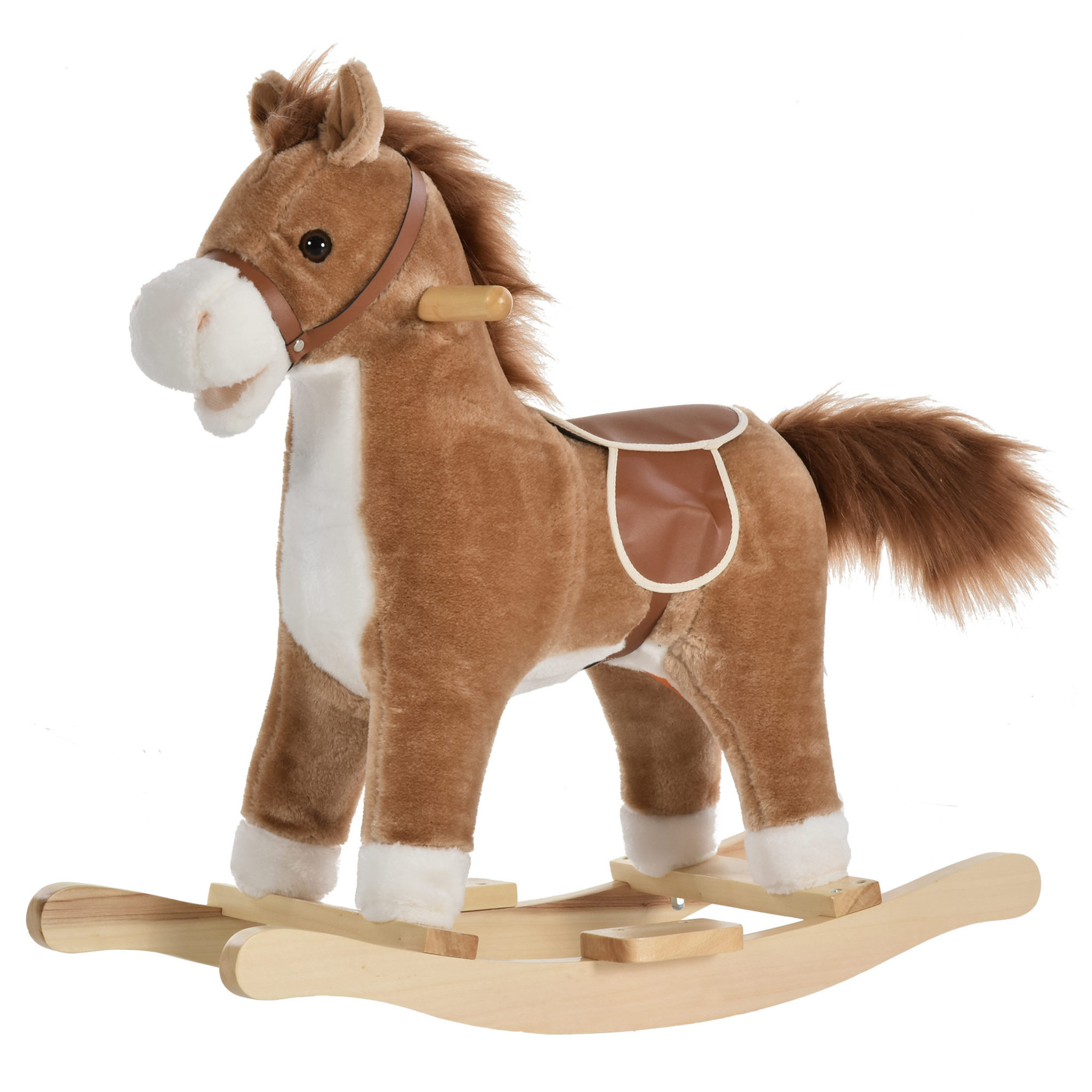 Voir la diapositive 1 : HOMCOM Cheval à bascule selle grand confort peluche courte douce bois peuplier brun dim. 65L x 32,5l x 61H cm