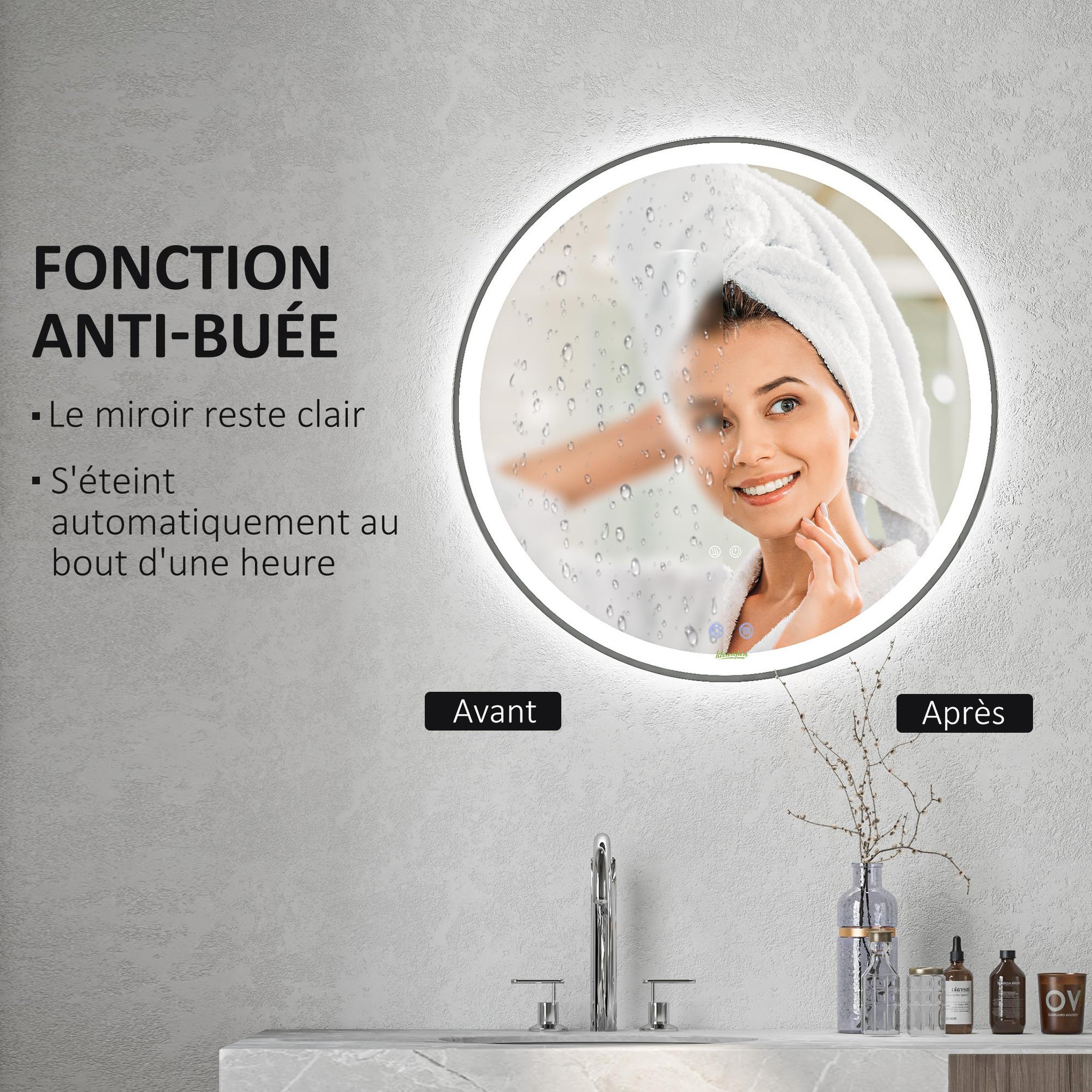 Voir la diapositive 6 : KLEANKIN Miroir rond lumineux led de salle de bain ø 80 cm mural avec éclairage 3 couleurs interrupteur tactile système antibuée 46w blanc argent