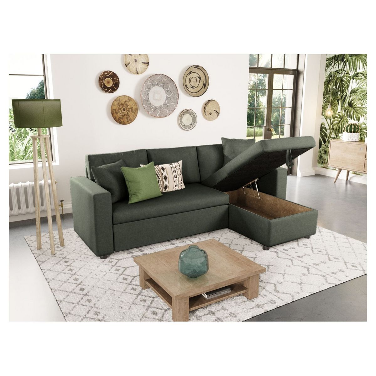 Canapé d'angle réversible convertible avec coffre en tissu ou velours GERALDINE 