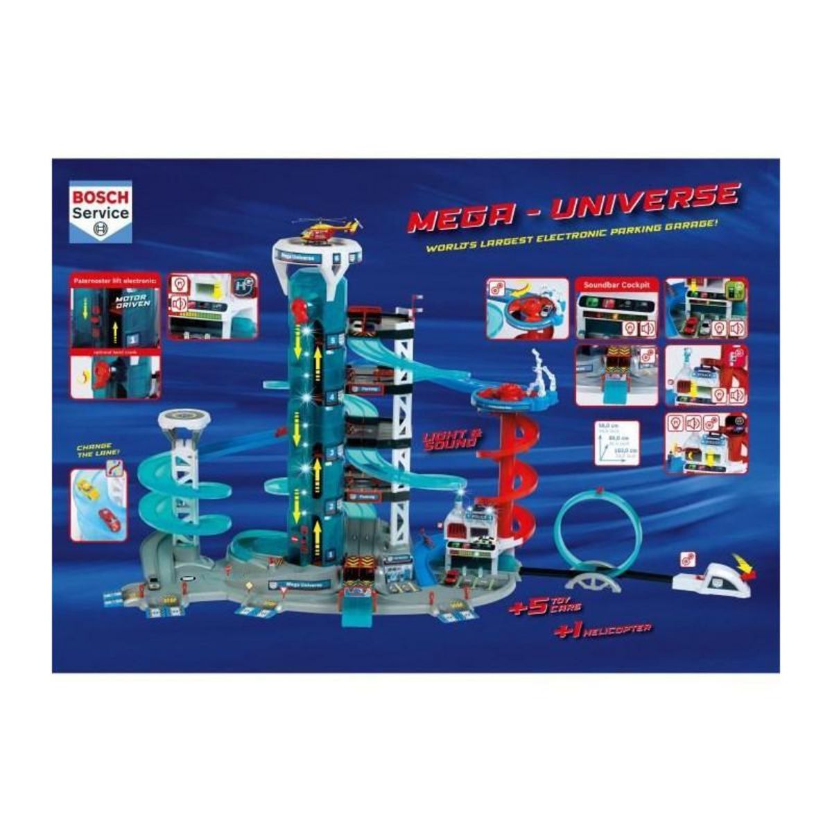 Klein Jouet de garage - KLEIN - Garage Bosch Car Service Mega Universe - Comprend divers éléments de jeu et 5 véhicules.