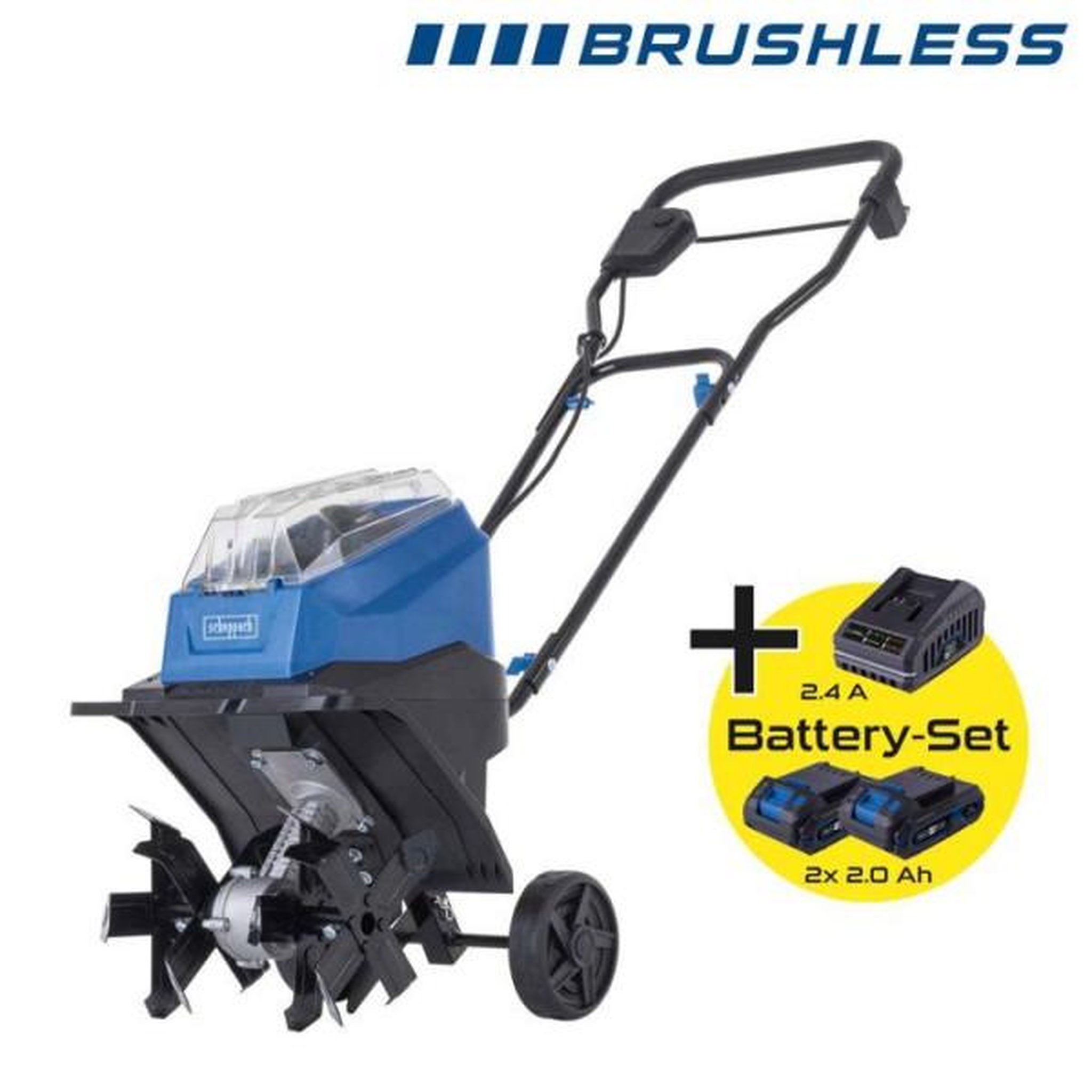 SCHEPPACH Motobineuse sans fil scheppach - bc-mt300-x set s - largeur travail 30 cm - 4 lames - 2 batteries 2.0ah 20v ixes + chargeur 2.4a