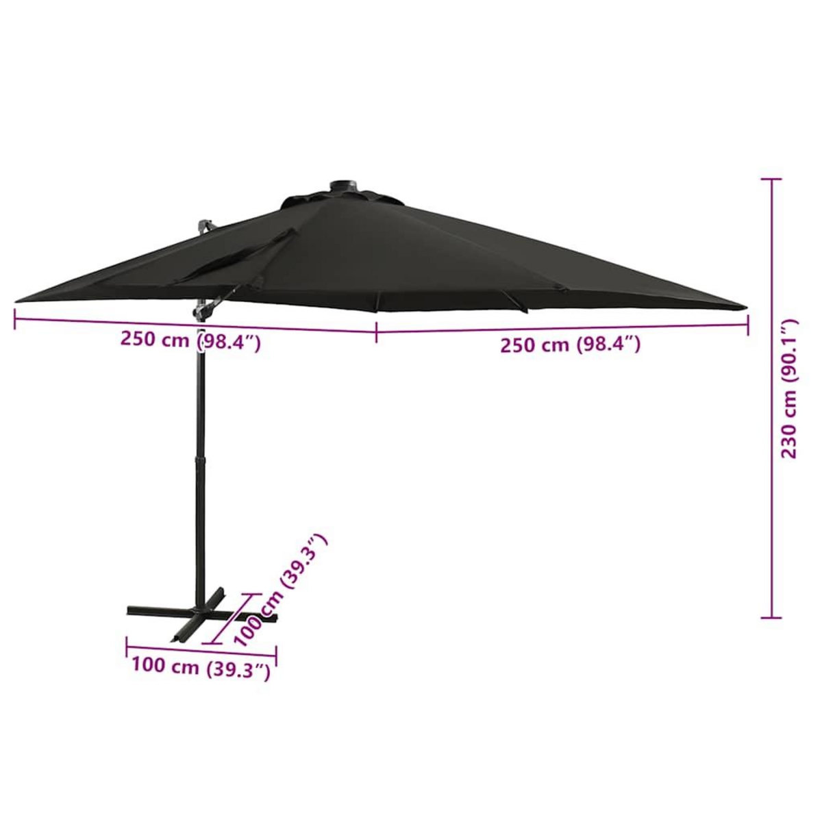 VIDAXL Parasol de jardin en porte-a-faux et mat et lumieres LED noir