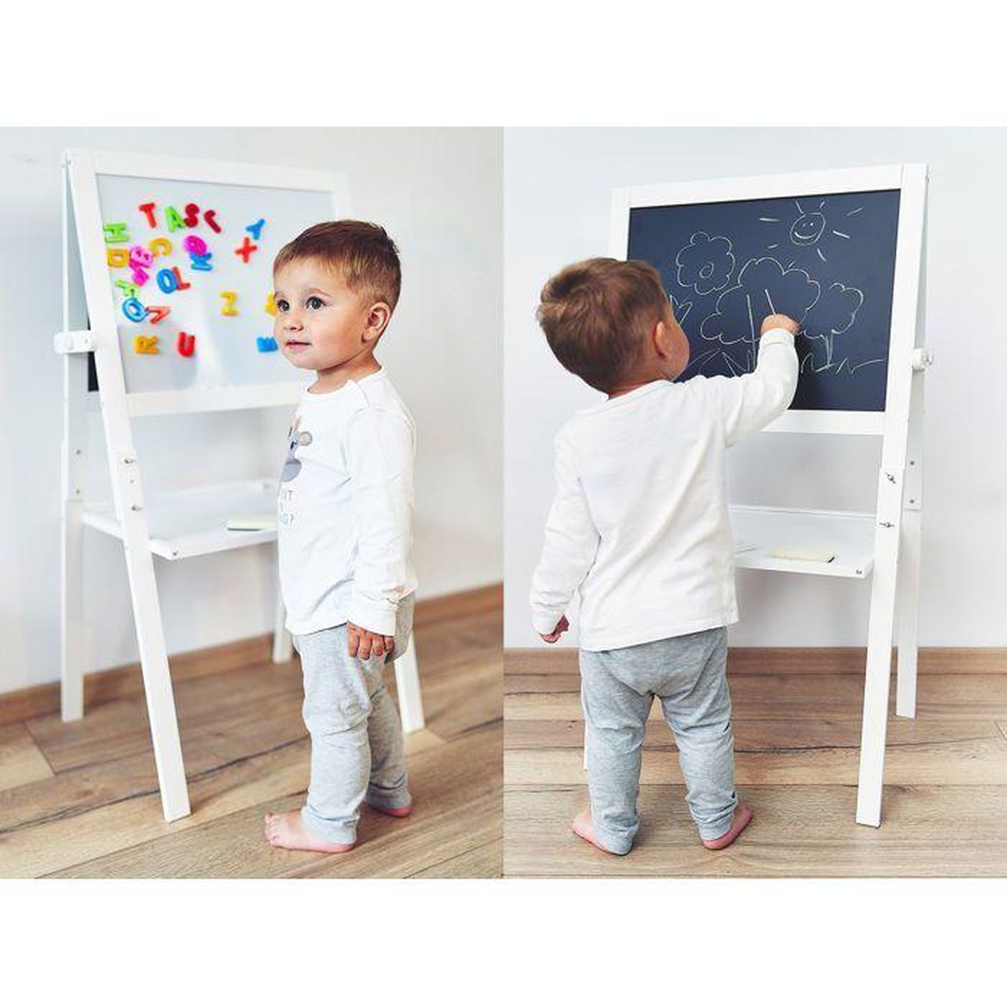 Voir la diapositive 2 : MAMABRUM Tableau Chevalet Enfant en Bois 2 Faces Magnétique et Ardoise à Craie avec Accessoires